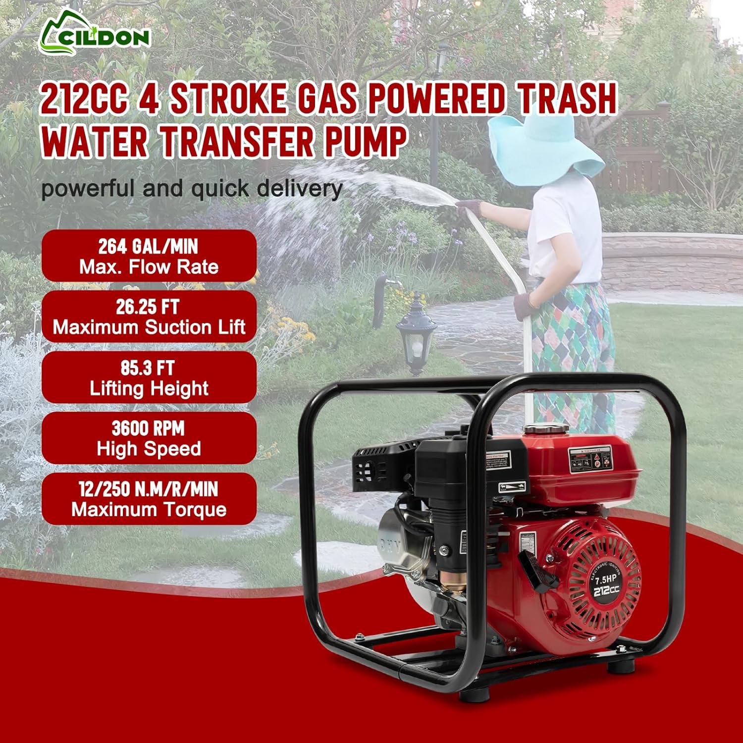2 Inch Gas Powered Trash Water Transfer Pump, Gasoline Engine Water Pump, 85.3Ft Lift, 26.25ft Suction, 212CC 4 Stroke High Pressure with 24.61Ft Hose, 0.95 Gal Fuel Tank for Irrigation