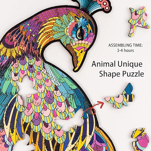 Miniatura 2 de FvMemo Rompecabezas de madera para adultos, rompecabezas de madera de pavo real de 200 piezas, rompecabezas únicos en forma de animales,