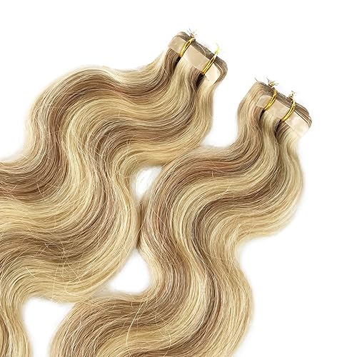 Miniatura 7 de Extensiones de cabello humano Remy rizado con cinta, extensiones de cabello humano #12 marrón dorado a rubio #613 balayage, 1.41 oz20 unidades,
