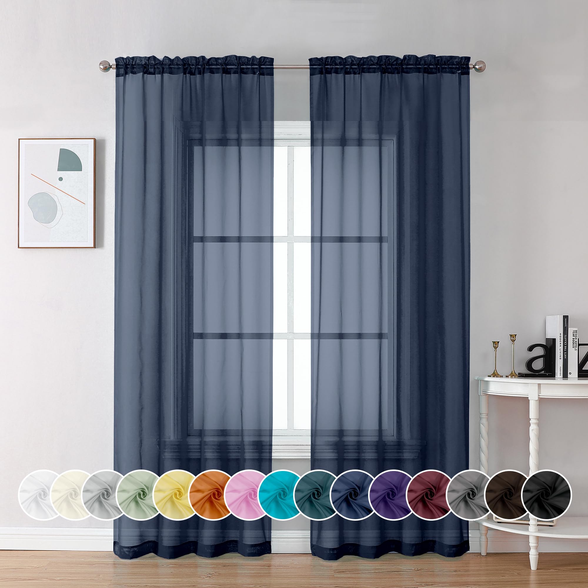 Chyhomenyc Navy Blue Sheer Curtains 84 Inches Long 2 Panels Set - Light Filtering Curtains for Living Room, Soft Breathable Voile Rod Pocket Bedroom