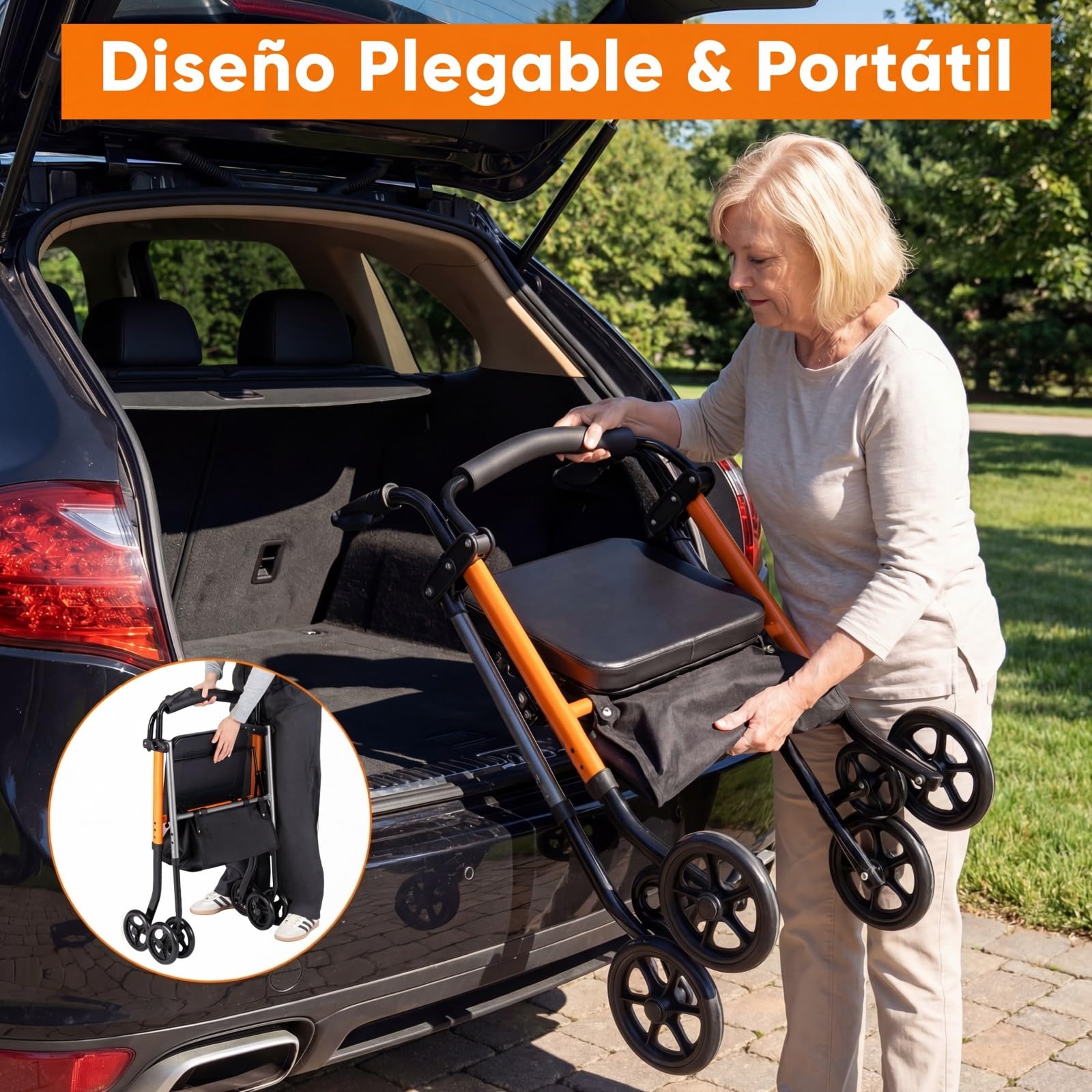 COSTWAY Andador para Ancianos Plegable, Andadores Adultos con Asiento, Respaldo, Altura Ajustable, Almacenamiento, Caminadores para Mayores con 4 Ruedas, Carga136kg