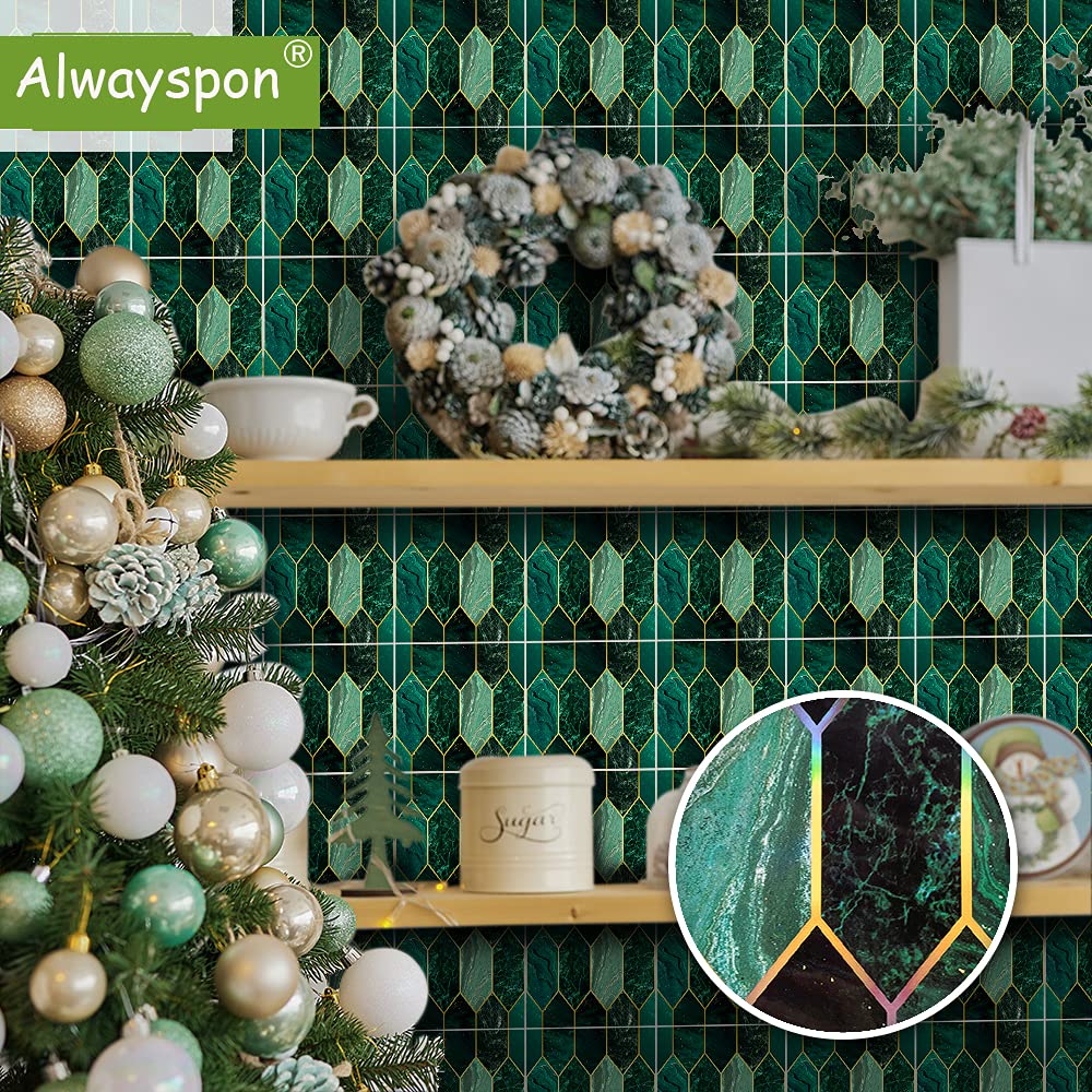 Alwayspon Piastrelle adesive da parete autoadesive, impermeabili, in PCV, per soggiorno, cucina, bagno, decorazione per la casa, 20 x 20 cm, doratura verde, 30 pezzi