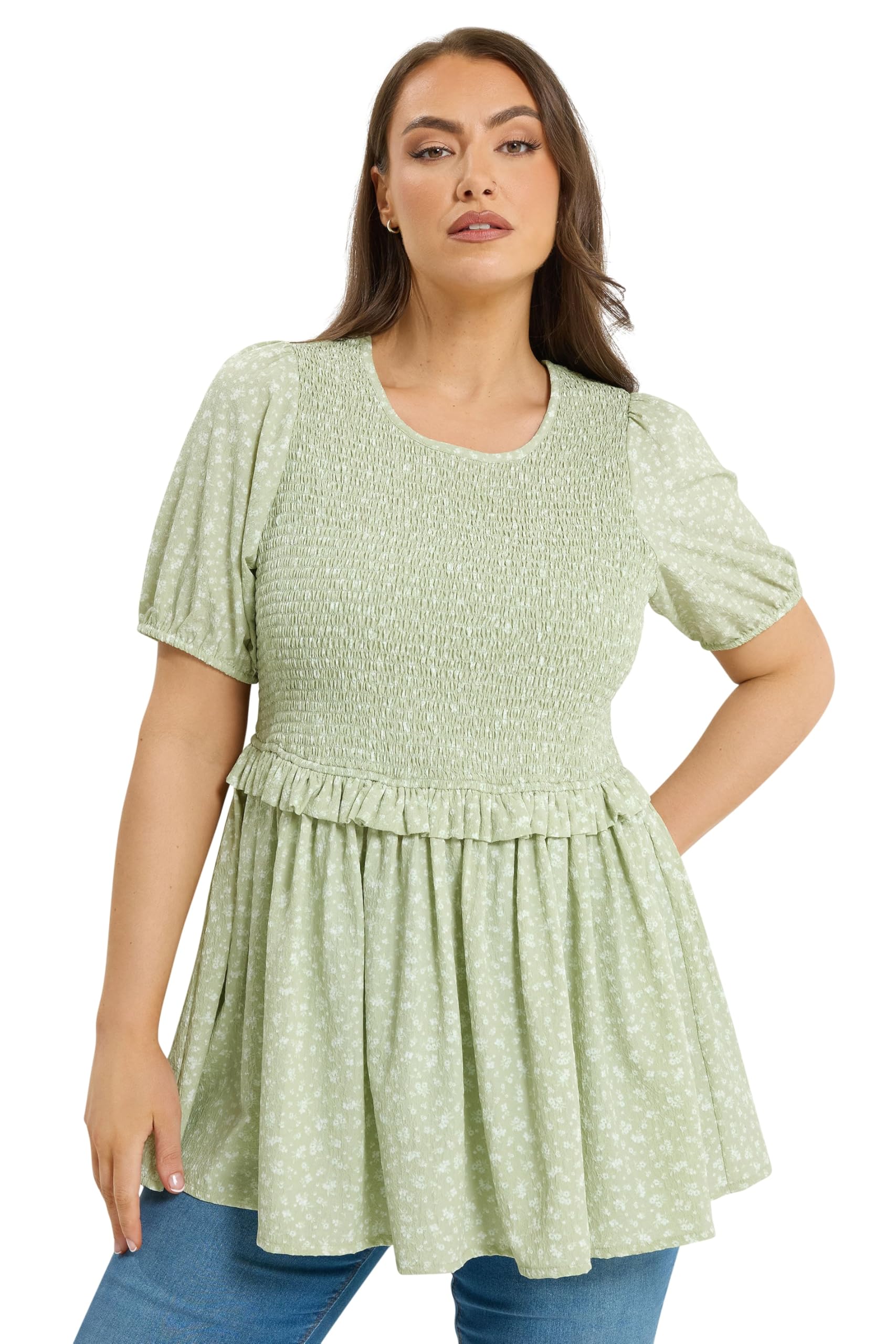 Yours Curve Green Ditsy Floral Shirred Top - Women's - Plus Size Curve
