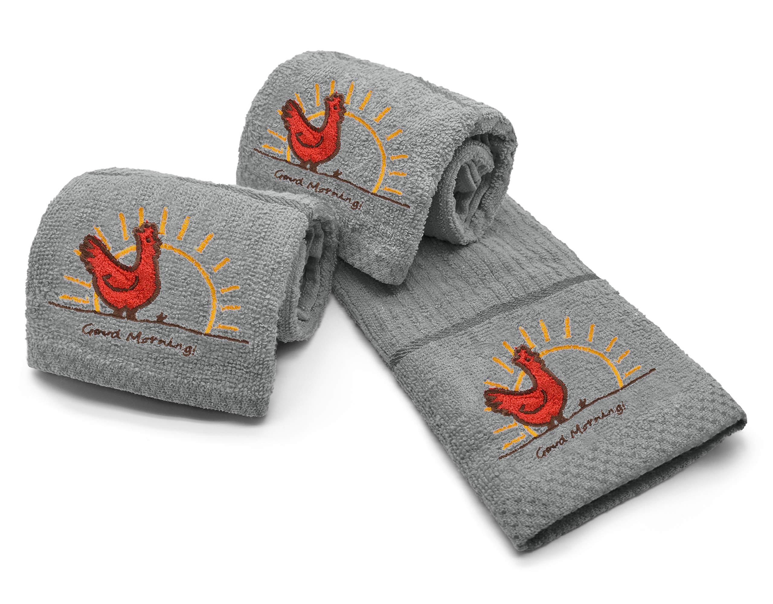 Ashley Mills Woven Embroidered Tea Towels Pack of 3 Large 40 x 70cms Super Absorbent Farm Animals 5 Styles 100% Cotton (Chicken, Grey) — image 1