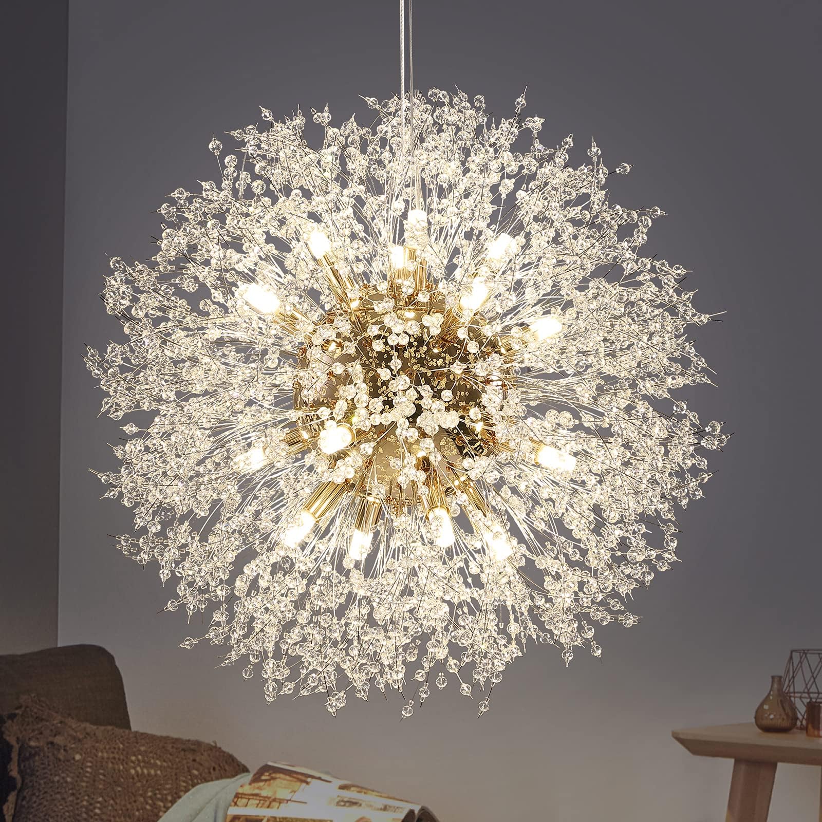 Lingkai 23.6" Gold Modern Crystal Chandeliers Firework, Bubble Chandelier Lighting for Bathroom Dining Room Bedroom Kitchen Island Living Room Light Fixture, 16-Light Gold Hanging Round Chandalier