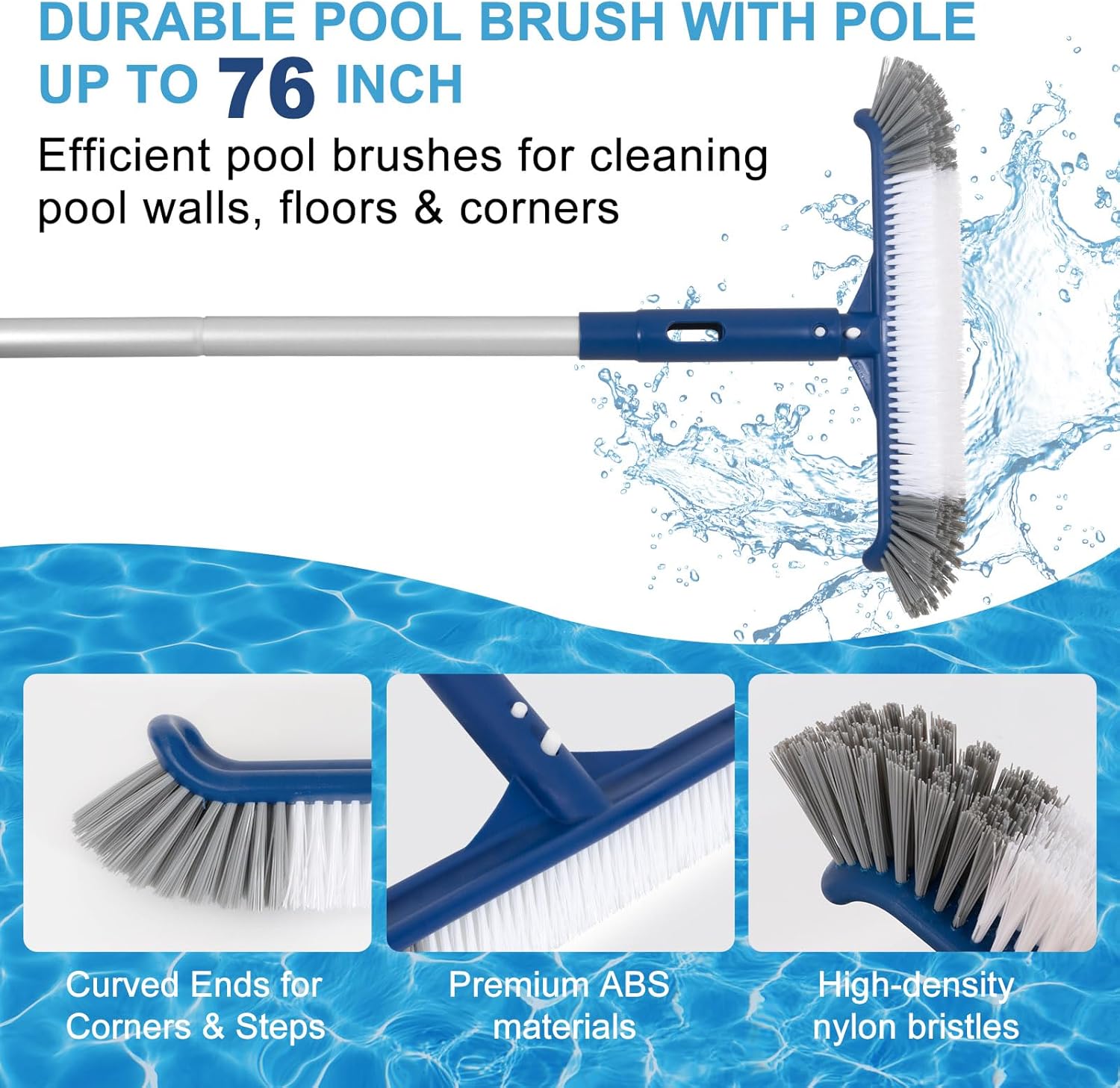 Pool Cleaning Kit, 14.5'' Pool Brush Head & Ultra Fine Mesh Pool Skimmer Net with Pole, Aluminum Frame Pool Net Skimmer & Pool Brush with Pole,Pool Net & Pool Brushes for Cleaning Pool Walls with Pole - Image 4