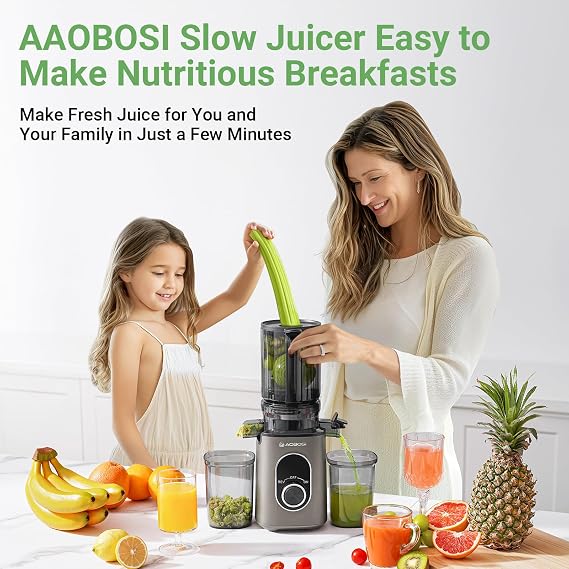 AAOBOSI Cold Press Juicer,4.35 Large Feed Chute Masticating Juicer Machines (Upgrade) High Juice Yield Slow Juice Extractor fit Fruits &Vegetables, Easy to Clean, New Designed for Home and Travel