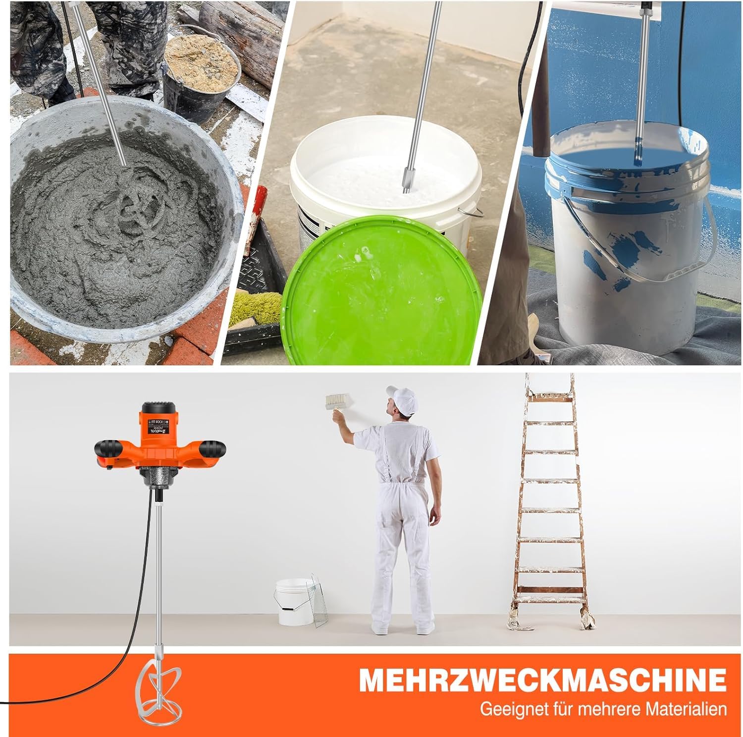 5600W Mörtelrührer Rührwerke Rührgerät Rührer Zementrührer Mörtel Zement 230V Mörtelrührer Rührwerk Elektrischer Mixer robustes 6-Gang-Metallgetrieb Mit großem Rührquirl
