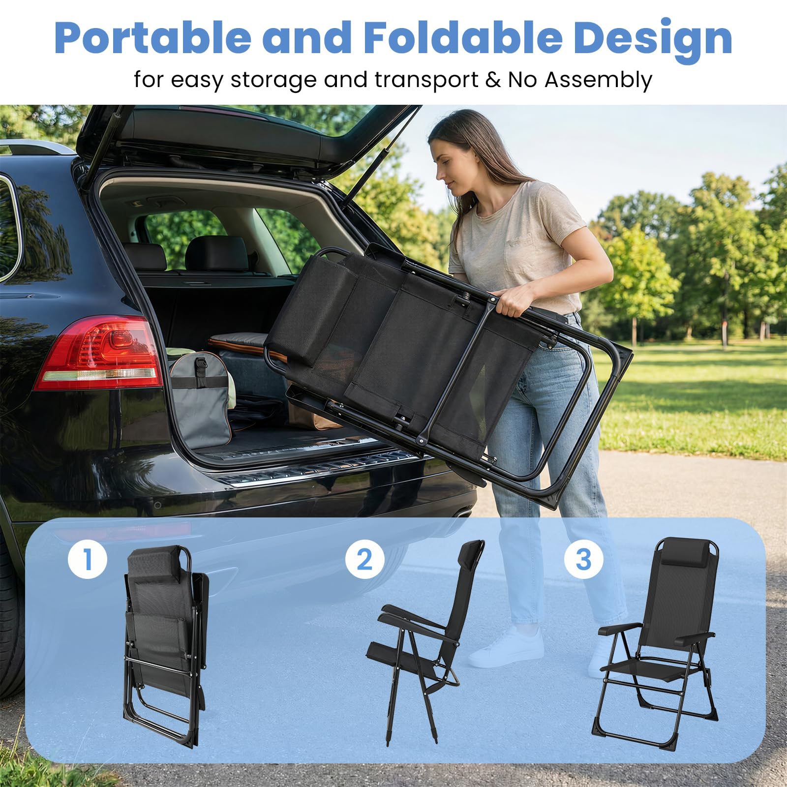 LIFERUN 2er Set Gartenstühle Klappstühle mit Kopfstütze 5 verstellbaren Rückenlehnen Hochlehne Outdoor Schwarz