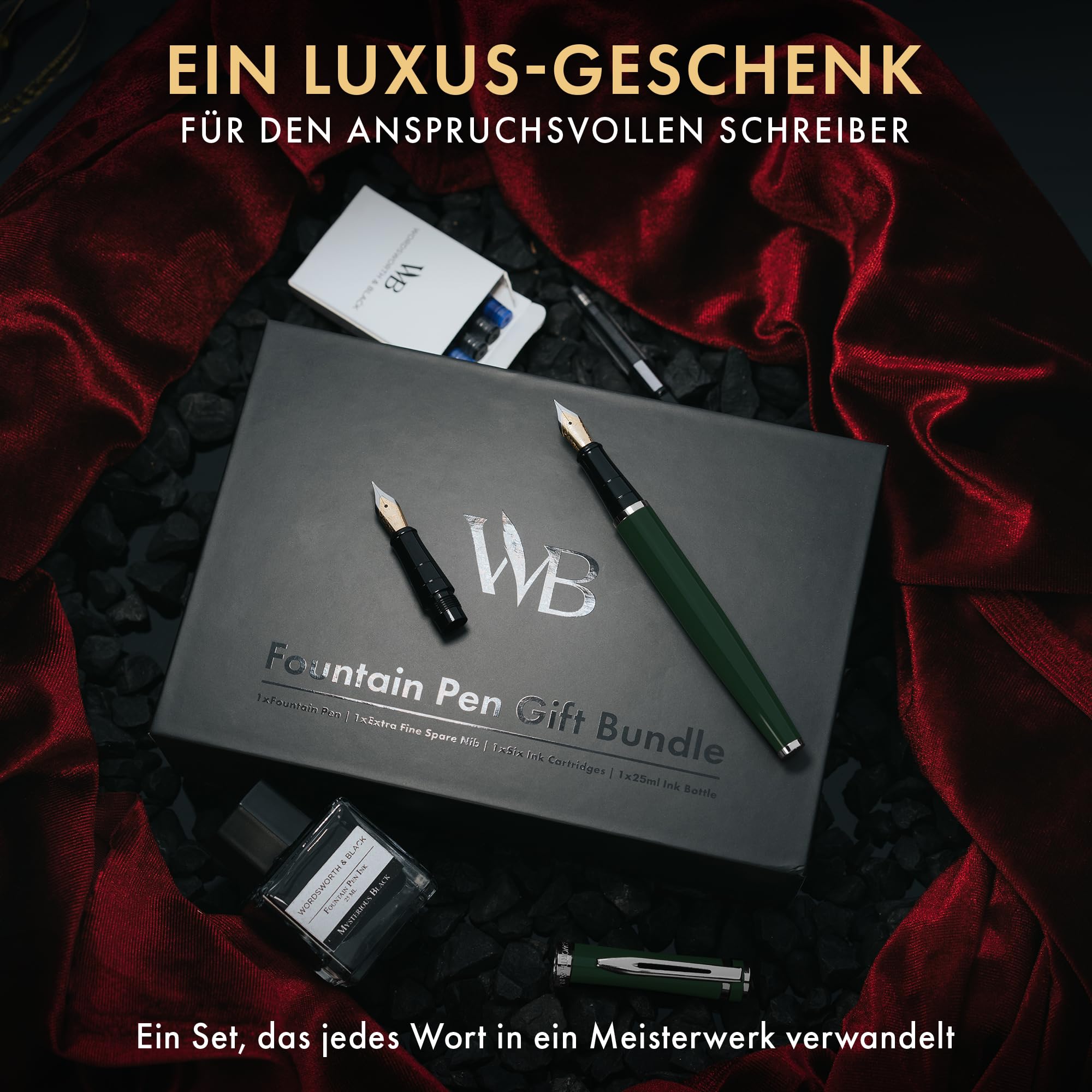 Wordsworth & Black Füller Geschenkset, Feder M & Extra Fein, Grünchrom | Füllfederhalter, Für Männer & Frauen, Messing, 18K Deutsches Iridium, Tintenfass + 6 Tintenpatronen, Konverter, Kalligraphie