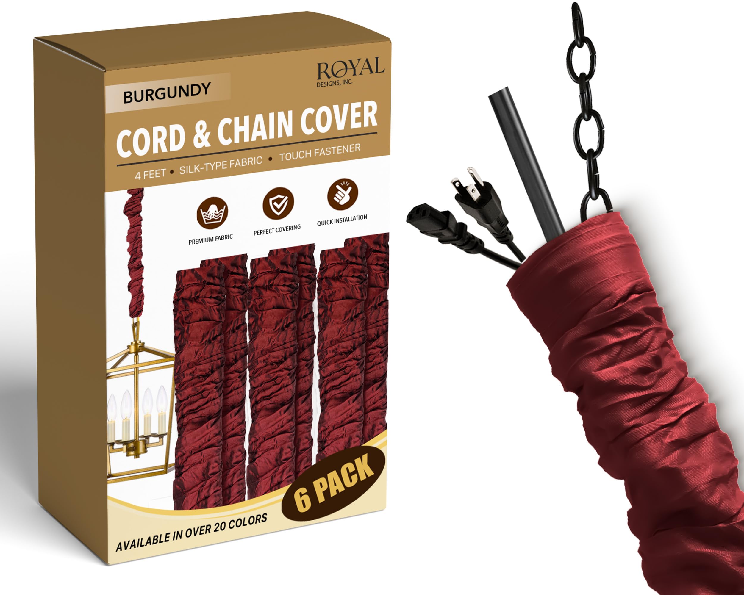 Royal Designs, Inc. Cord &amp; Chain Cover 4 ft Silk Type Fabric, Chandelier Pendant Lighting Chain &amp; Cable Management, Touch Fastener, Burgundy - 6 Pack