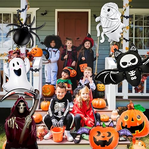 Miniatura 4 de Juego de 9 globos de Feliz Halloween, fantasma, araña, murciélago, calabaza, gato negro, globos de aluminio para decoraciones de fiesta de Halloween