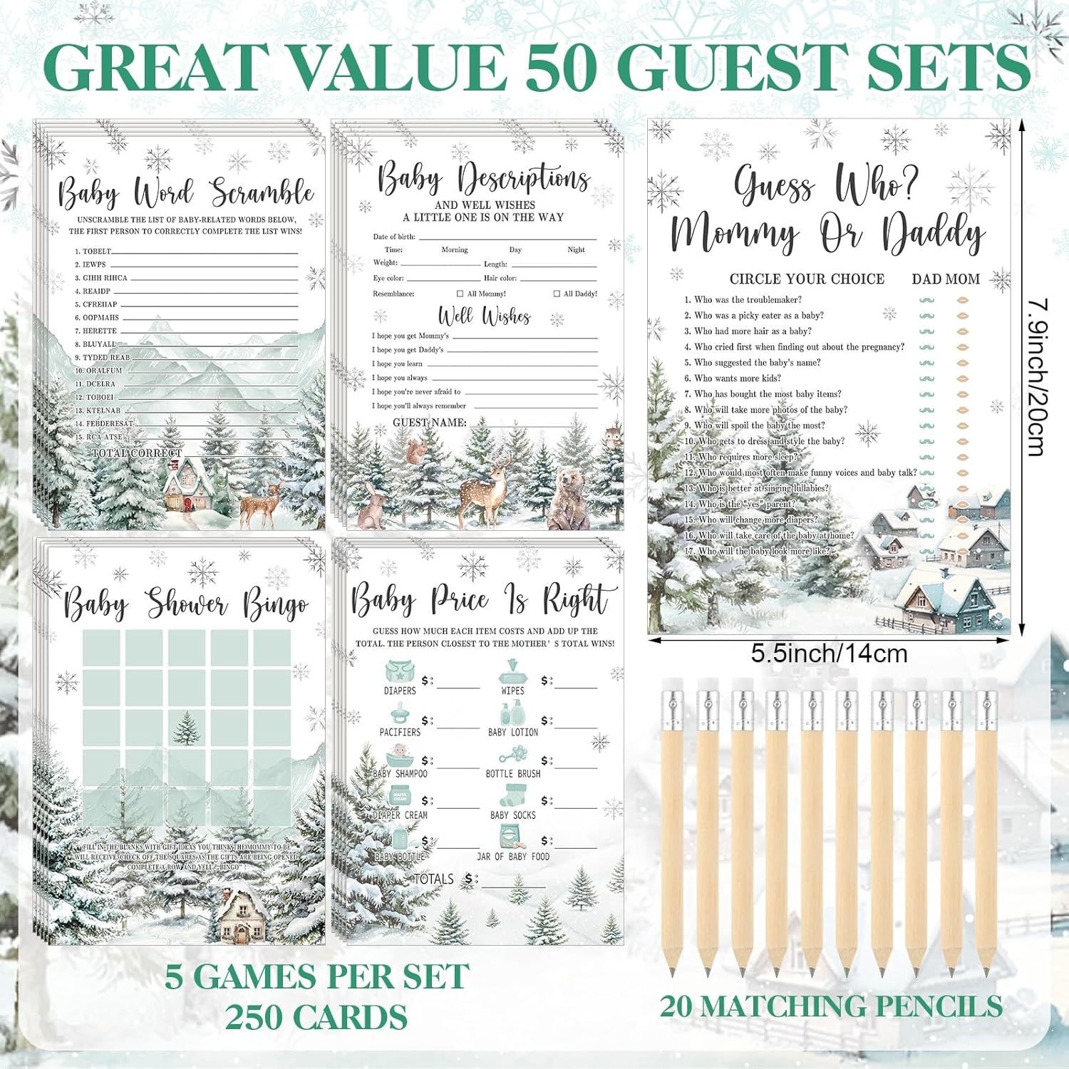Patelai 321 Pcs Winter Baby It's Cold Outside Baby Shower Games Supplies, 5 Sets (50 Cards Each) Activities Cards with 20 Pencils 1 Don't Say The Words Sign 50 Clothespin