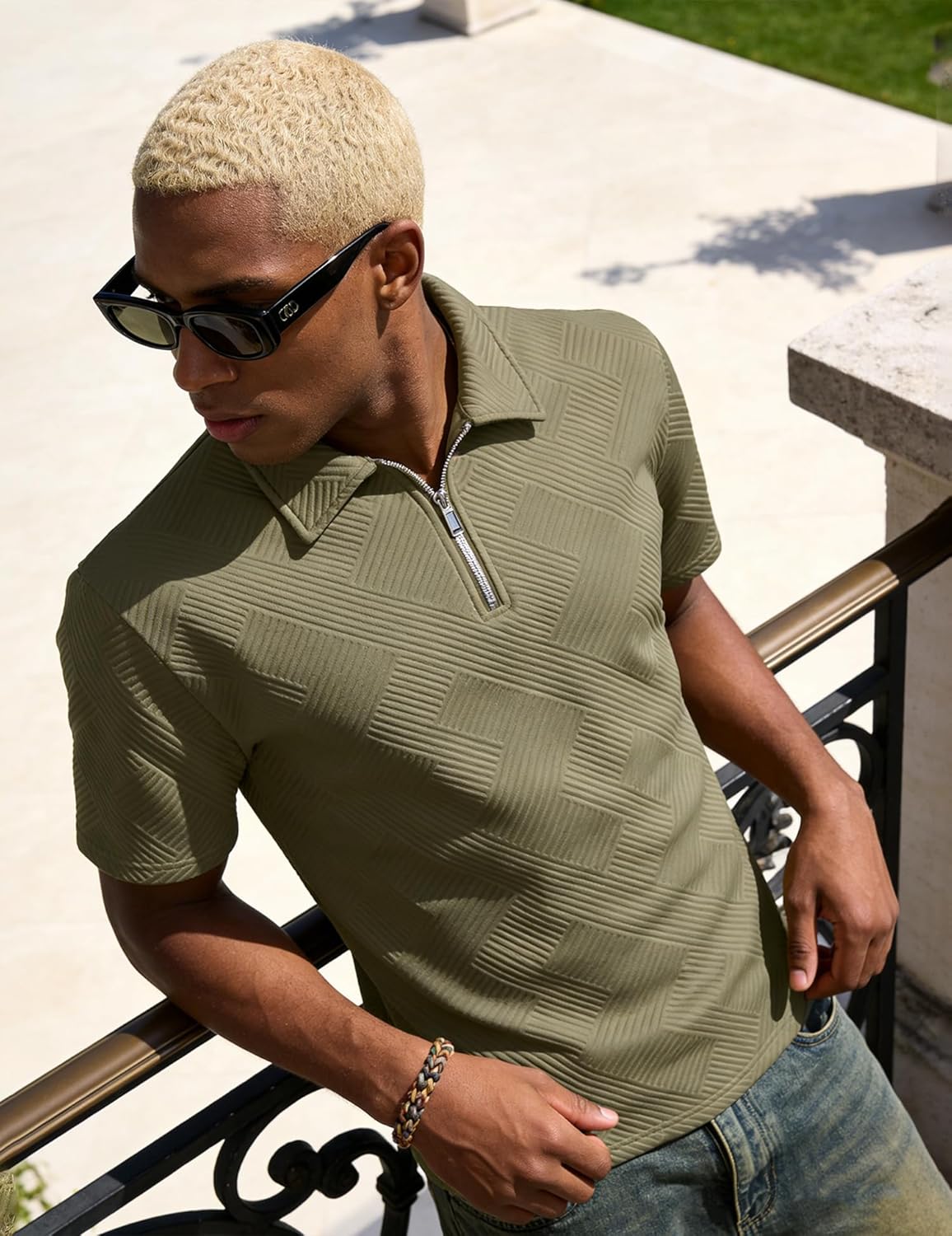 UOUA Men's Zipper Polo Shirts Short Sleeve Sweatshirts Soild Color Tops Striped Texture Casual Golf T