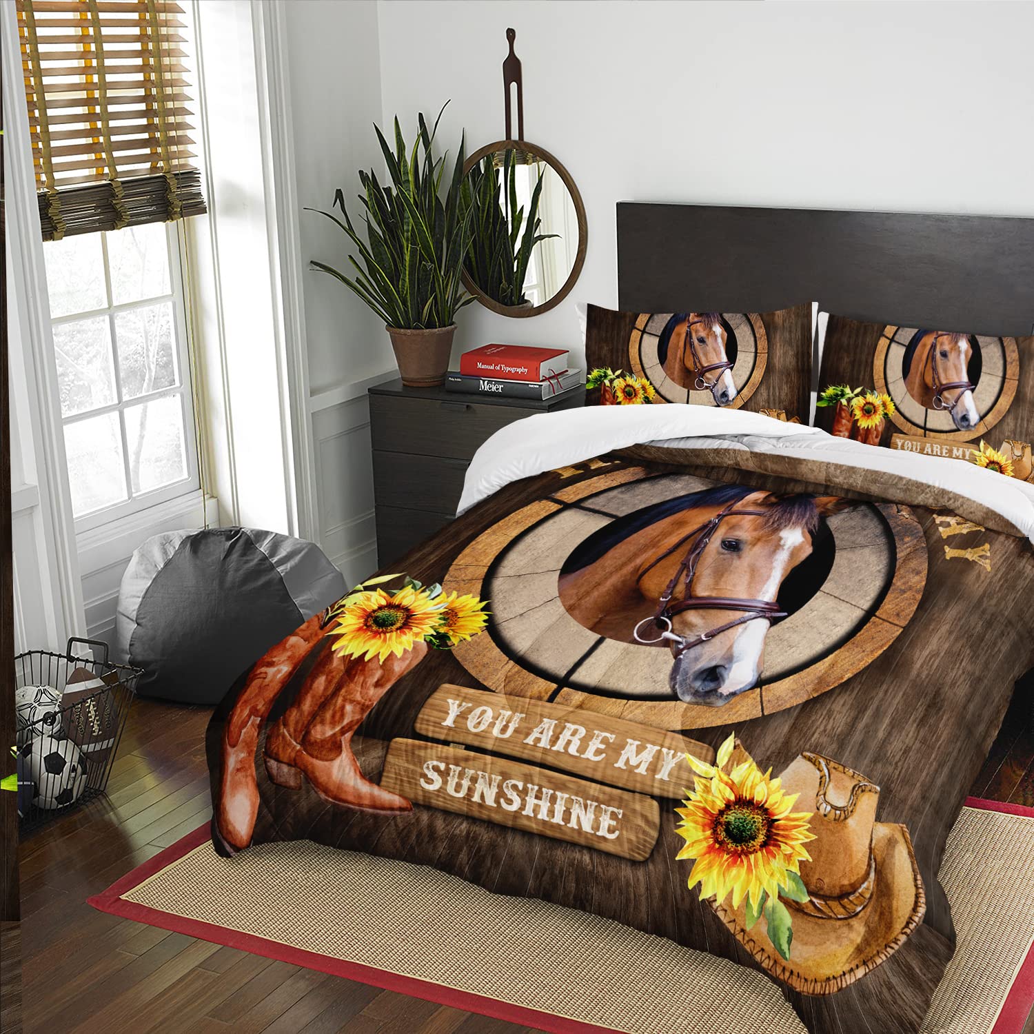 AILONEN Brown Horse Bedding Set Queen Size with Sunflowers Retro Wooden Comforter Set, Cowboy Hat Boots Wild West Style Soft Breathable Duvet Set for Teens Boys Adults 3Pcs, 1 Quilt and 2 Pillowcases