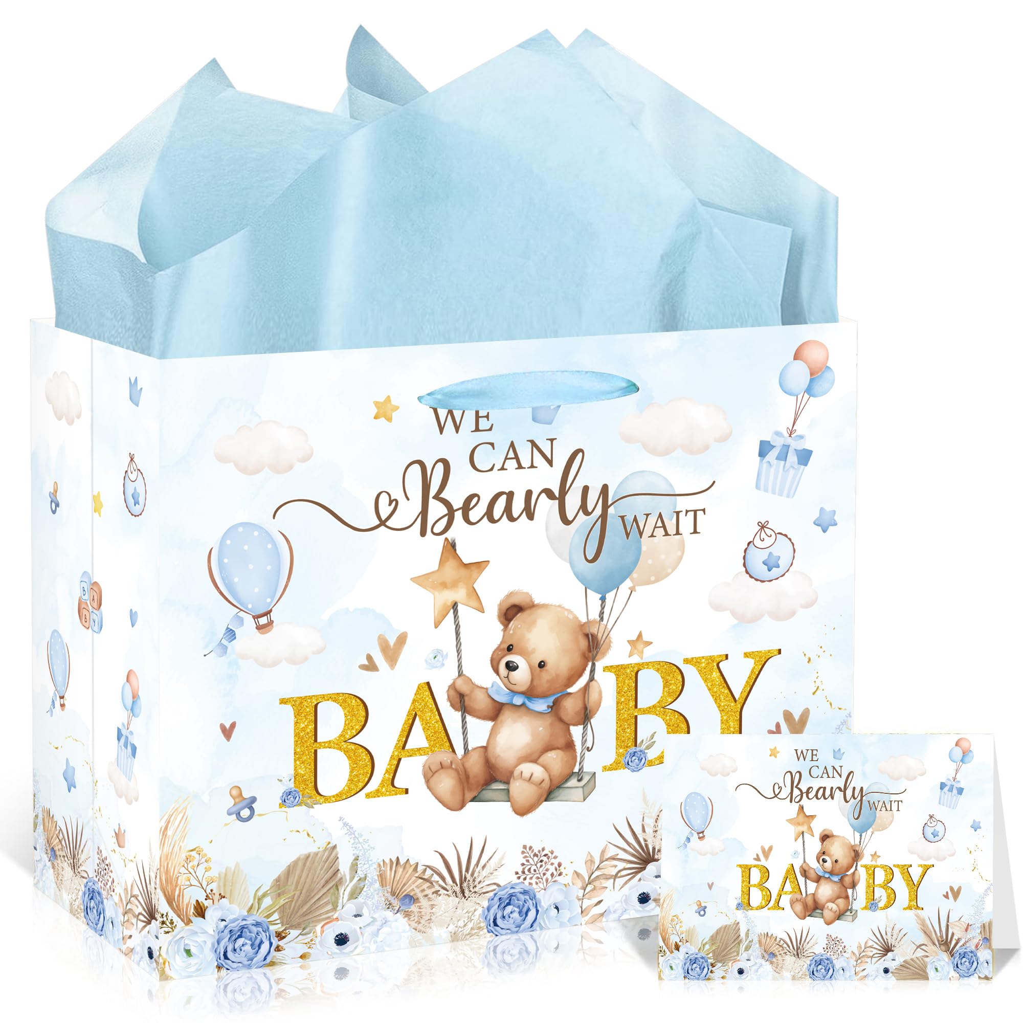 Gift Bag Set for Baby Shower, We Can Barely Wait Present Bag with Tissue Papers and Greeting Card, Perfect for Baby Shower Party โ image 1