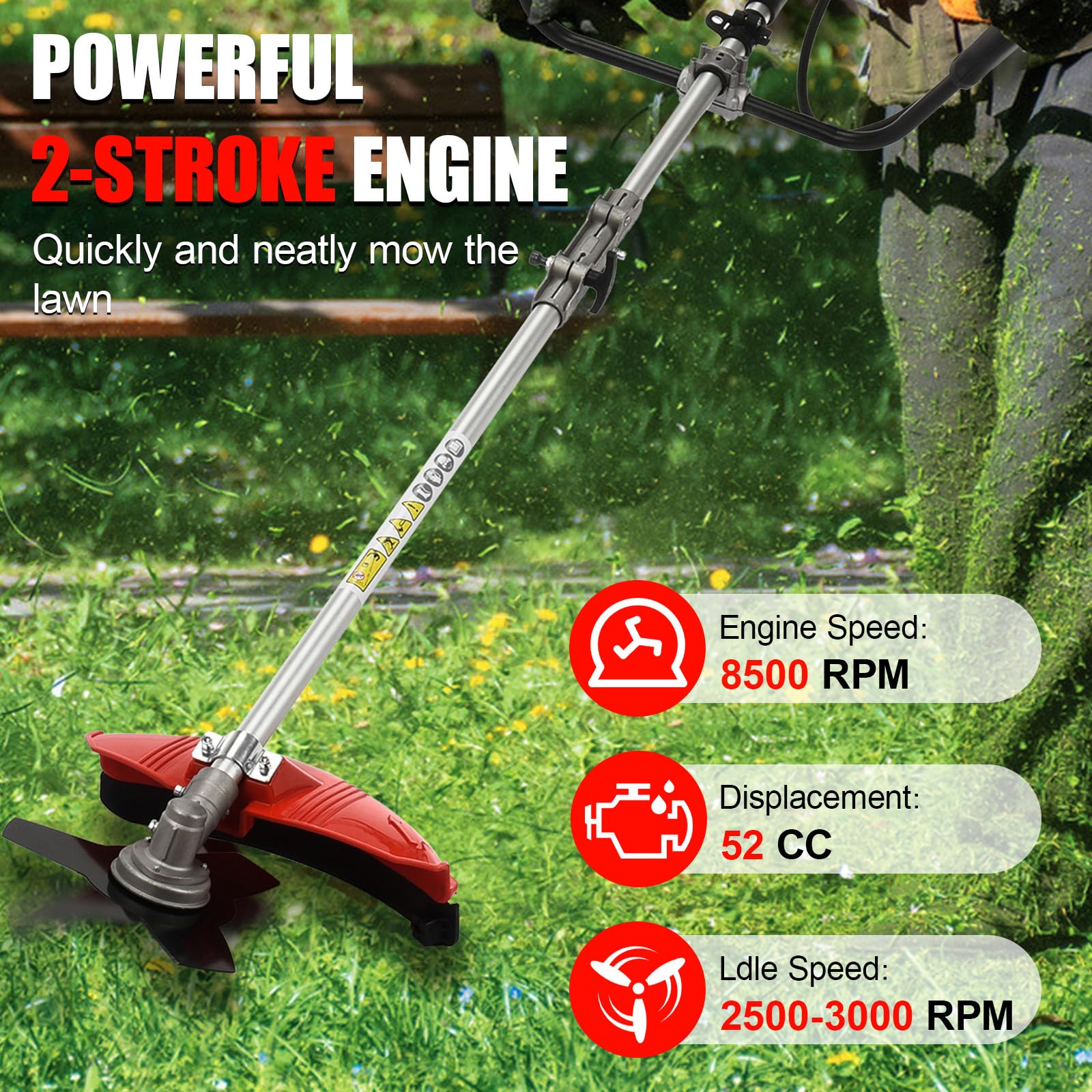Desbrozadora de gasolina de 52 cc, desbrozadora de malezas a gas de 2 tiempos con tanque de combustible de 1.2 L, 2.2 KW/8500 rpm, trayectoria de corte de 11 pulgadas, potente cortador de cepillo a