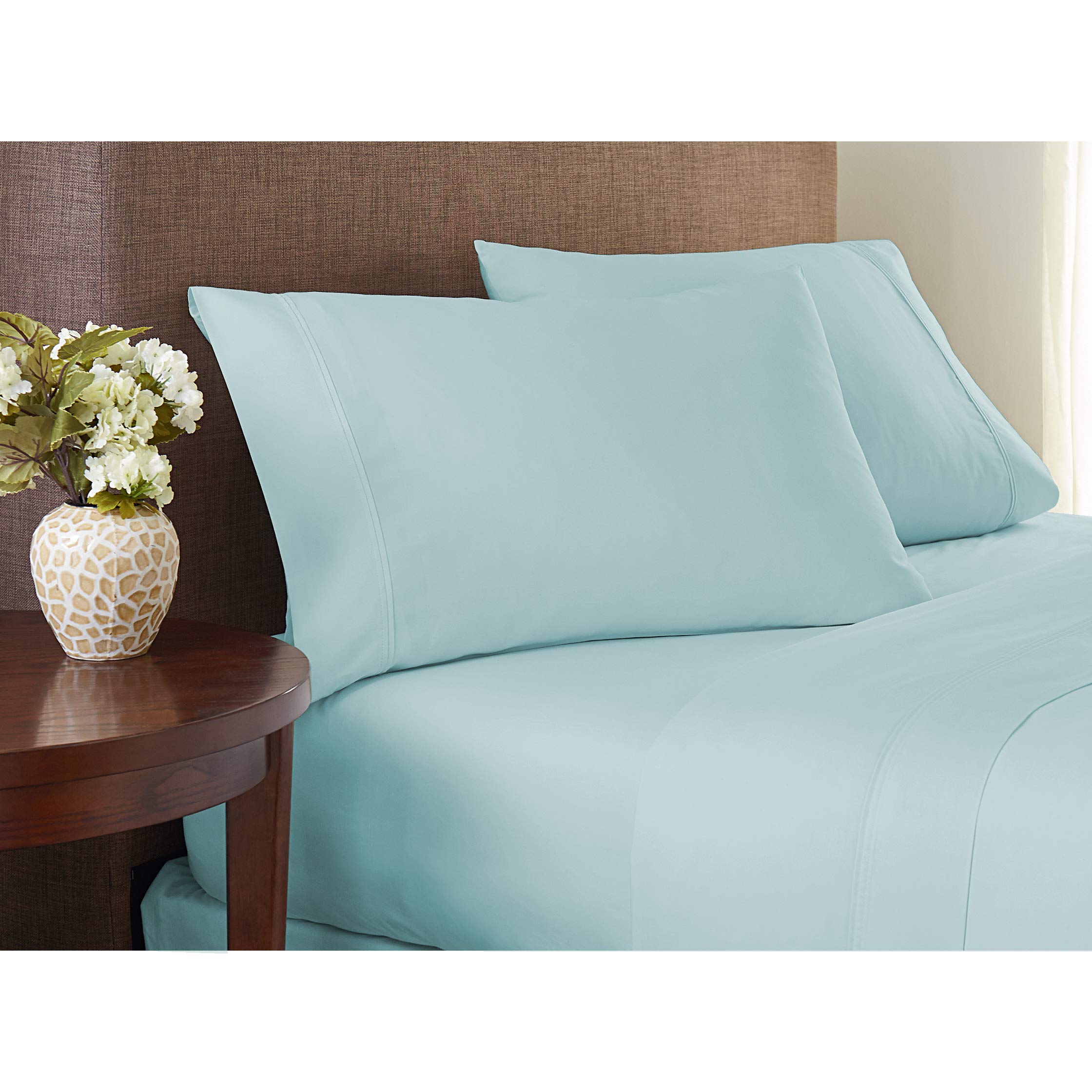 Color Sense 600 Thread Count 100% Long Staple Cotton 4 Piece Bed Sheet Set, Bedding Queen Sheets Sateen Weave, Wrinkle Free, Soft & Silky, Low Pill,Patented Fitted Sheet Fits Upto 18" Deep Pocket,Blue