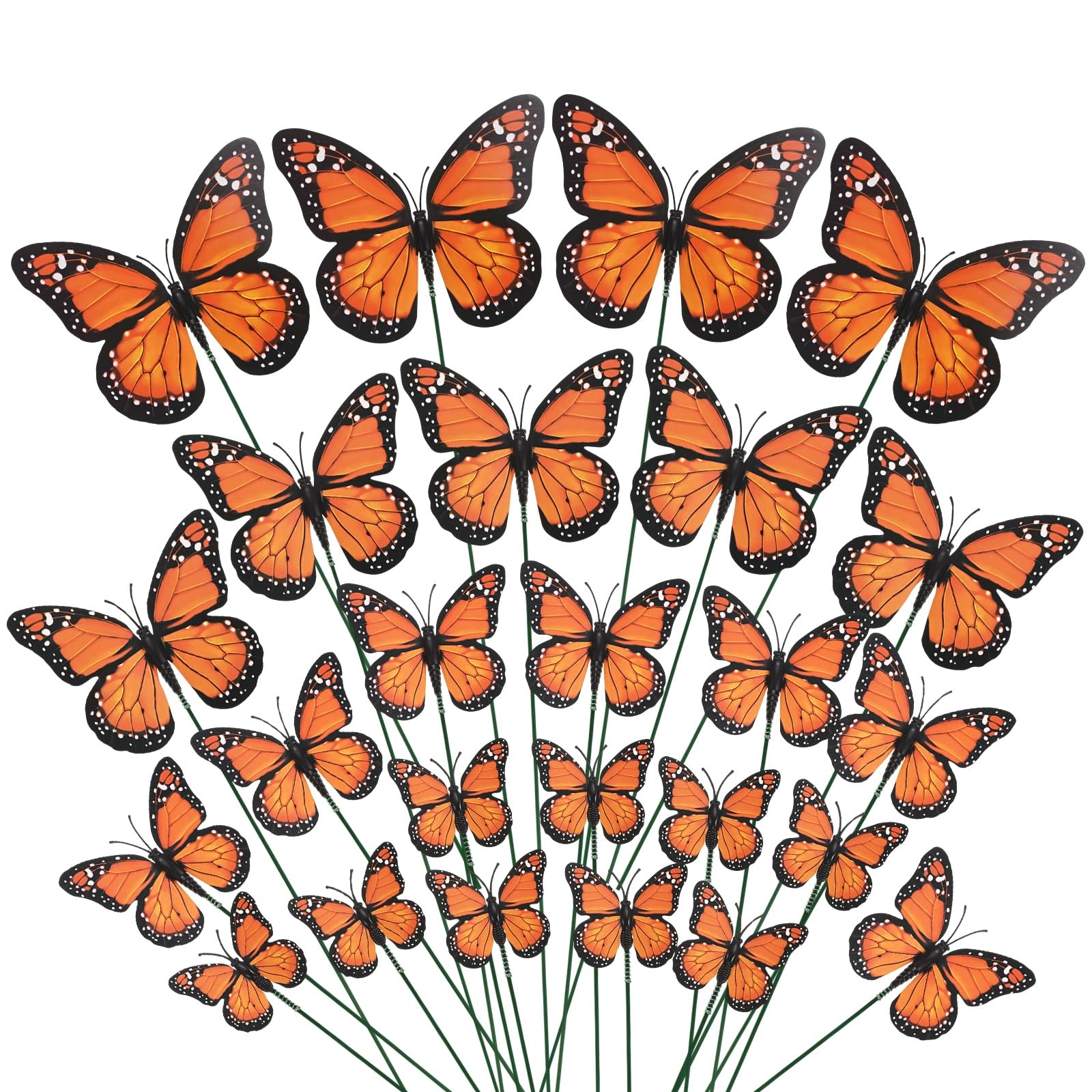 M METERXITY 60 Pack Butterfly Garden Stakes, 3D Monarch Butterfly Decorations, Butterflies for Flower Arrangements, Bouquets, Floral Picks, Halloween, Party Decor [Orange, 4 Sizes]