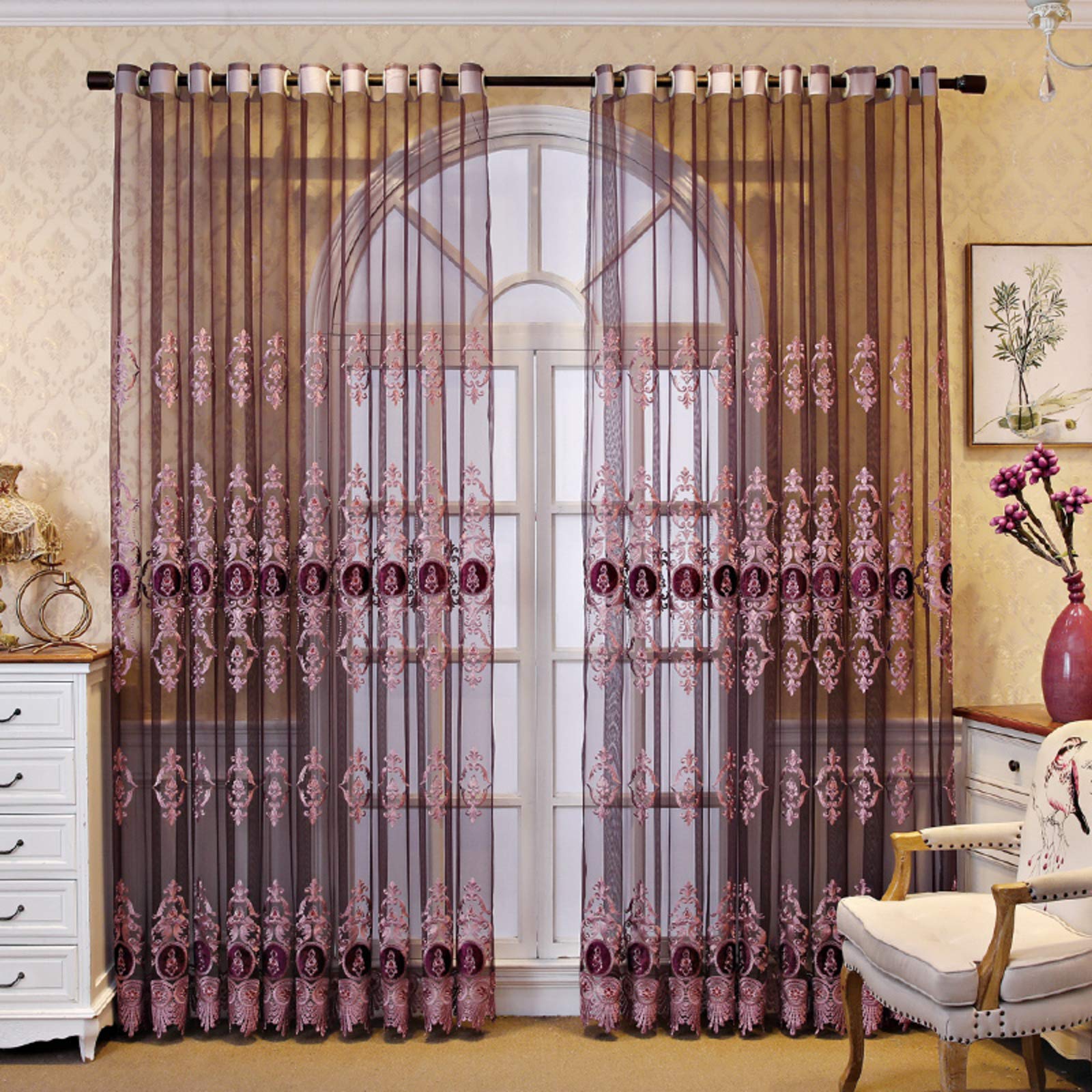 Traitement des fenêtres luxe rideau transparent violet brodé de fleurs