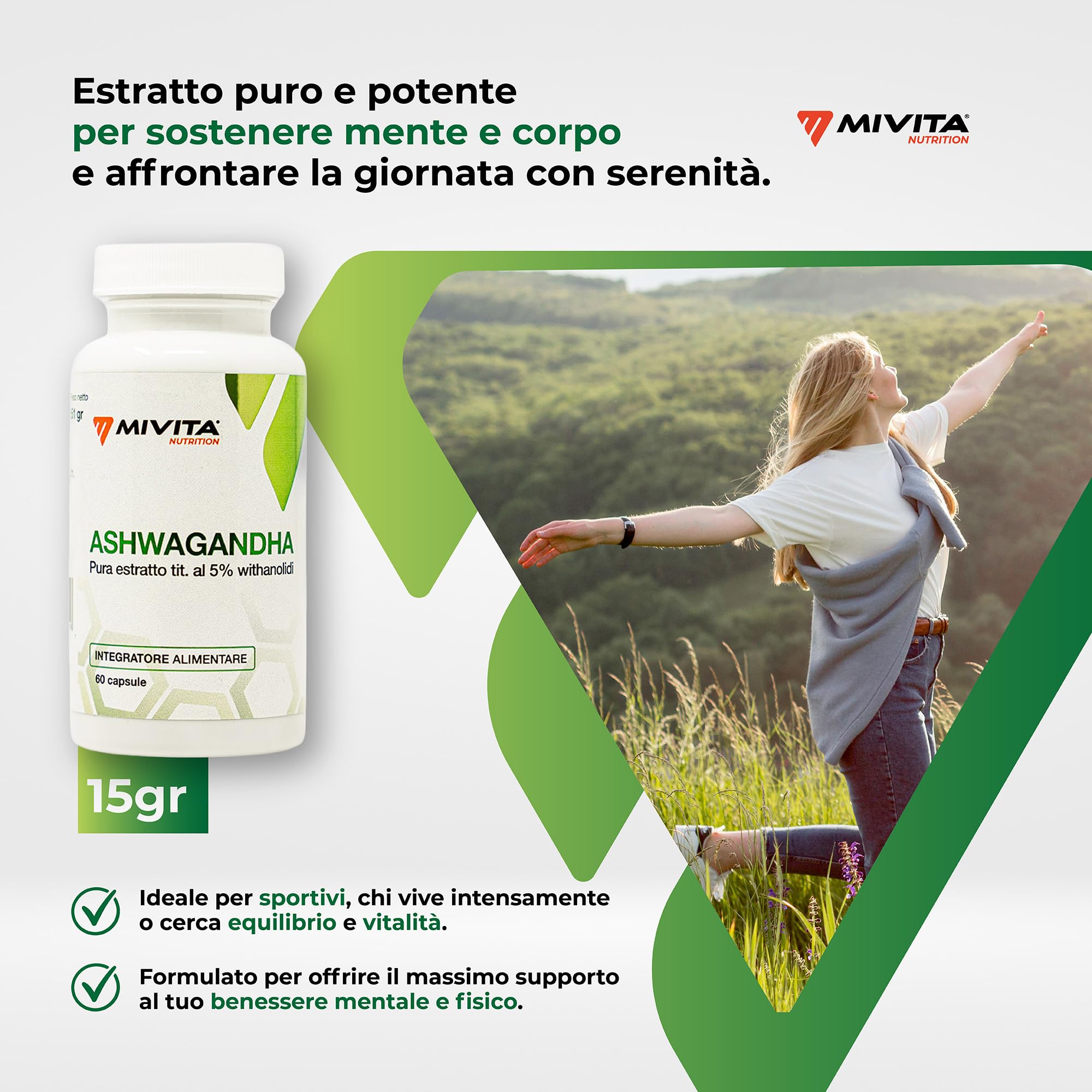 Mivita Ashwagandha Pura 600 mg - 60 Capsule Vegetali - Integratore Ashwagandha Vegana 25:1 5% Withanolidi - Supporto per Ansia e Stress, Cortisolo e Benessere