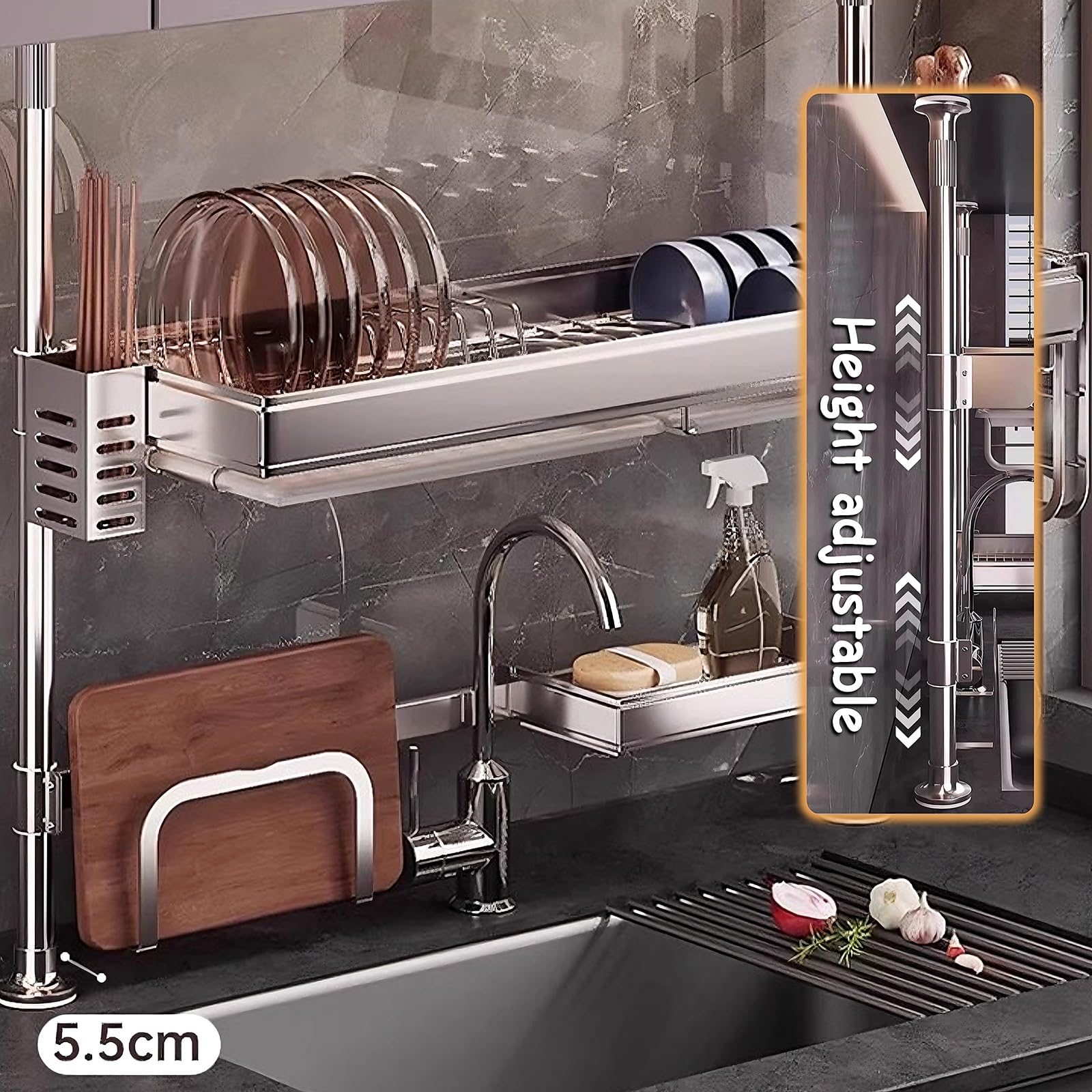 Półka na naczynia ze stali nierdzewnej, regulowana, duża pojemność, wytrzymała nośność do 60 kg, pasuje do kuchni o wymiarach 98 x 30,5 x 66,5 – 105 cm.
