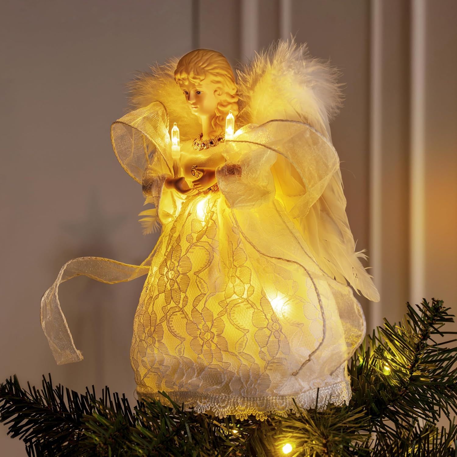 JOYIN 9'' Angel Christmas Tree Topper with Lights, Battery Operated Lightweight White Angel Treetop, Illuminated Ornament for Christmas Tree Decorations, Family, Indoor Home & Xmas Party Decorations - Image 5
