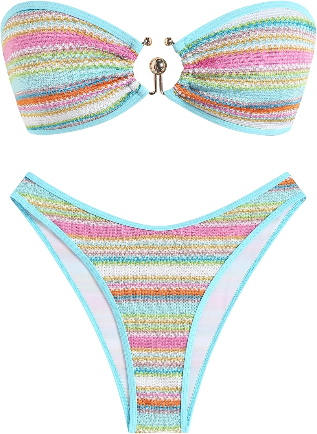 ZAFULかぎ針編みビキニセット 女性用 Oリング カラーブロック バンドゥ 水着 セクシー ハイカット Tバック 2ピース水着