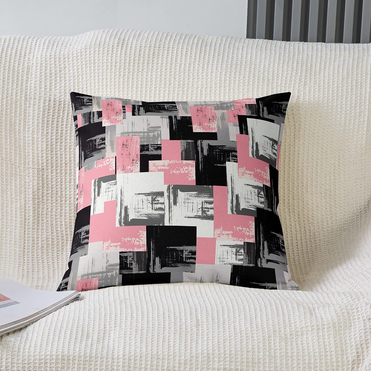 Loussiesd Reversible Throw Pillow Covers Kids Pink Grey Black Buffalo Check Pillow Covers Home Decor for Geometric Square Cushion Covers Set of 2 Modern Abstract Art 20x20 Inch - Image 2