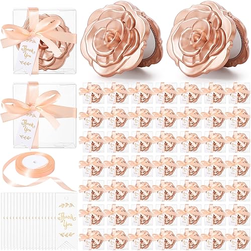 Beeveer Juego de 100 espejos compactos de rosas a granel, recuerdos de fiesta de boda, incluyendo espejos de rosas, etiquetas de agradecimiento,