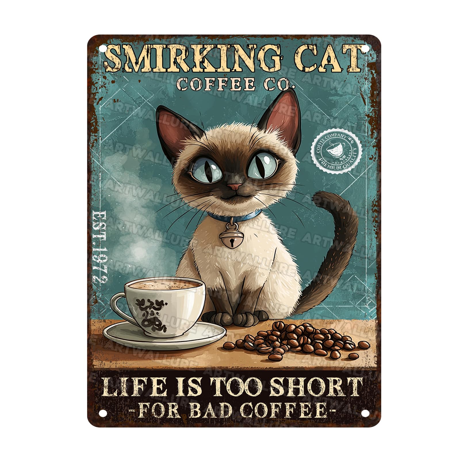 Cat Metal Sign Coffee Lover Decoration Life is Too Short for Bad Coffee Cafe Bar Tin Sign Wall Decor 12x16inch