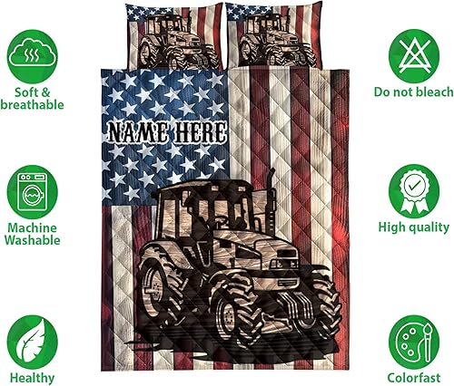 Miniatura 2 de OhaPrints Juego de ropa de cama y fundas de almohada con nombre personalizado de tractor con bandera de tractor, tamaño King, Queen, doble,