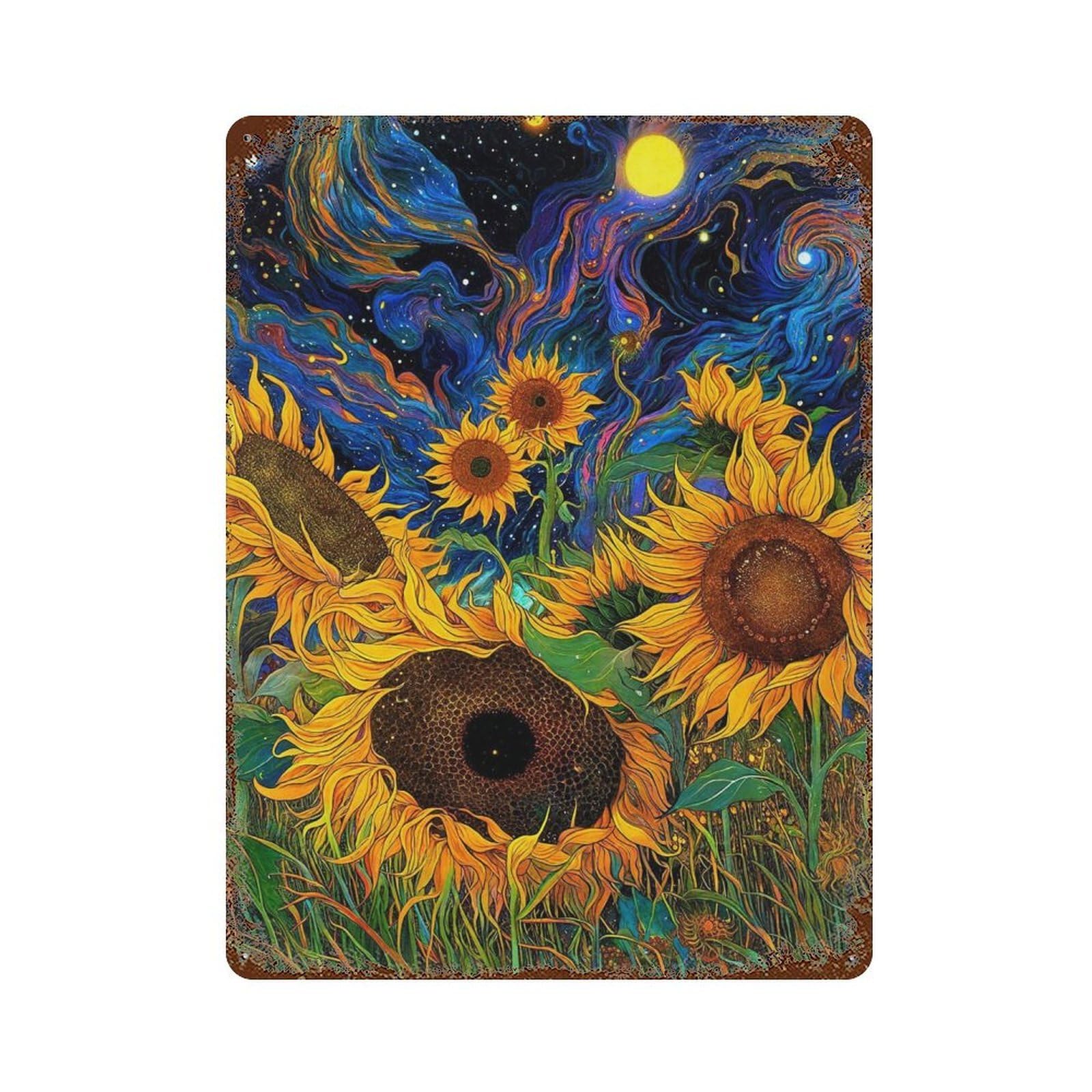 Starry Night Sunflowers Weathered Tin Sign 15.7"x11.8", Ideal for Patio, Garden Room And Bar Decor