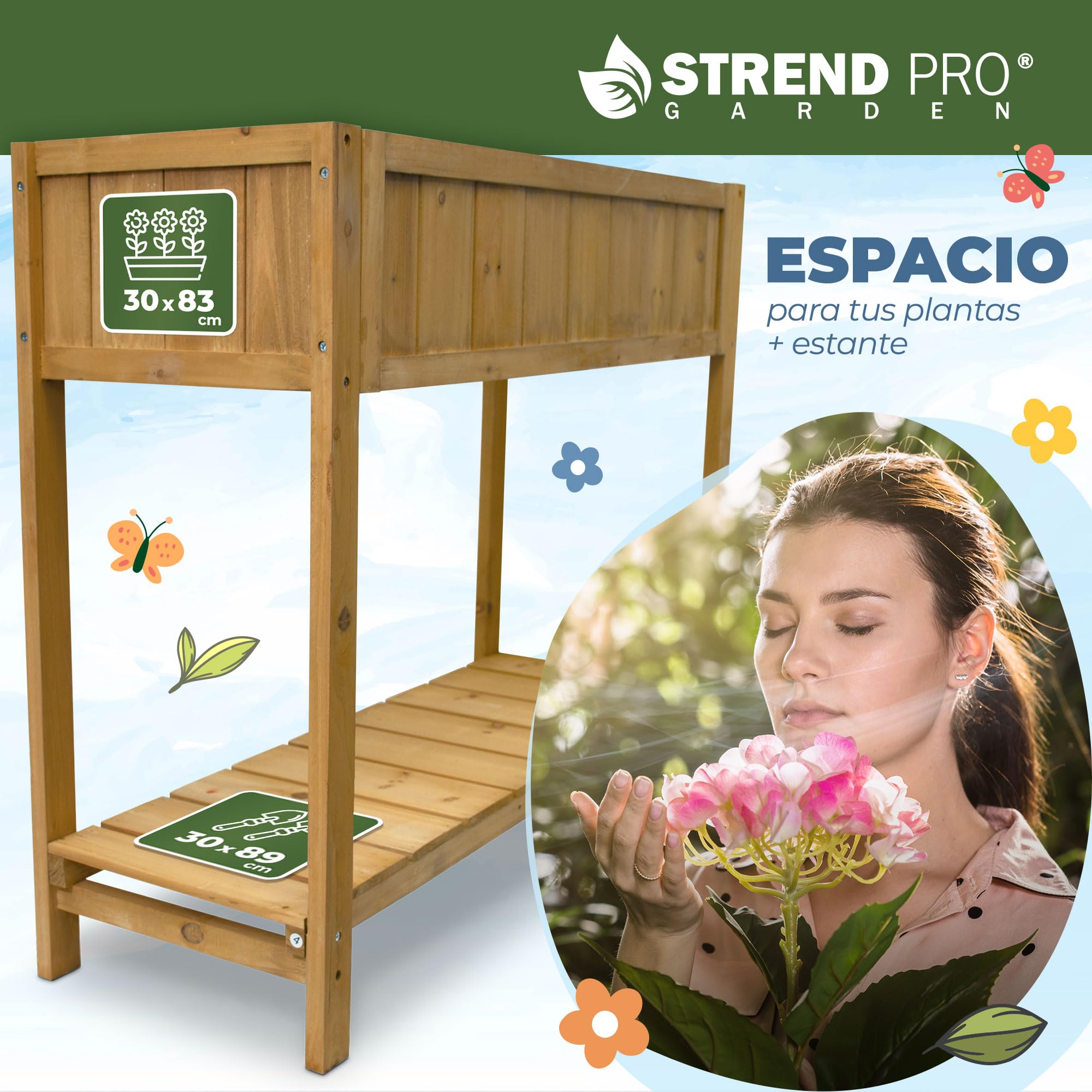 STREND PRO Jardinera para balcón, 76 cm x 33 cm x 89 cm (largo x ancho x largo), bancal de madera con estante y lámina impermeable para plantas, pequeño bancal estrecho ideal para balcón, terraza y