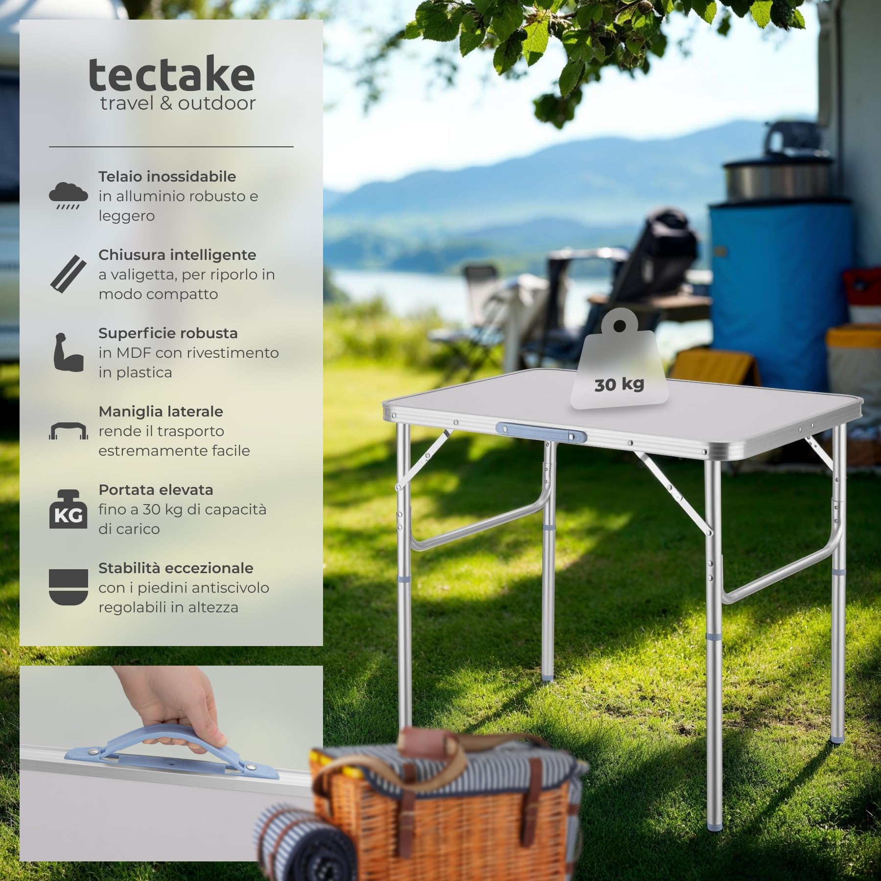 tectake® Tavolo da Campeggio Pieghevole in Alluminio, 75 x 55 x 68 cm, con Maniglia, Tavolo da Giardino Regolabile Salvaspazio, Tavolino Portatile, Resistente alle Intemperie - Grigio