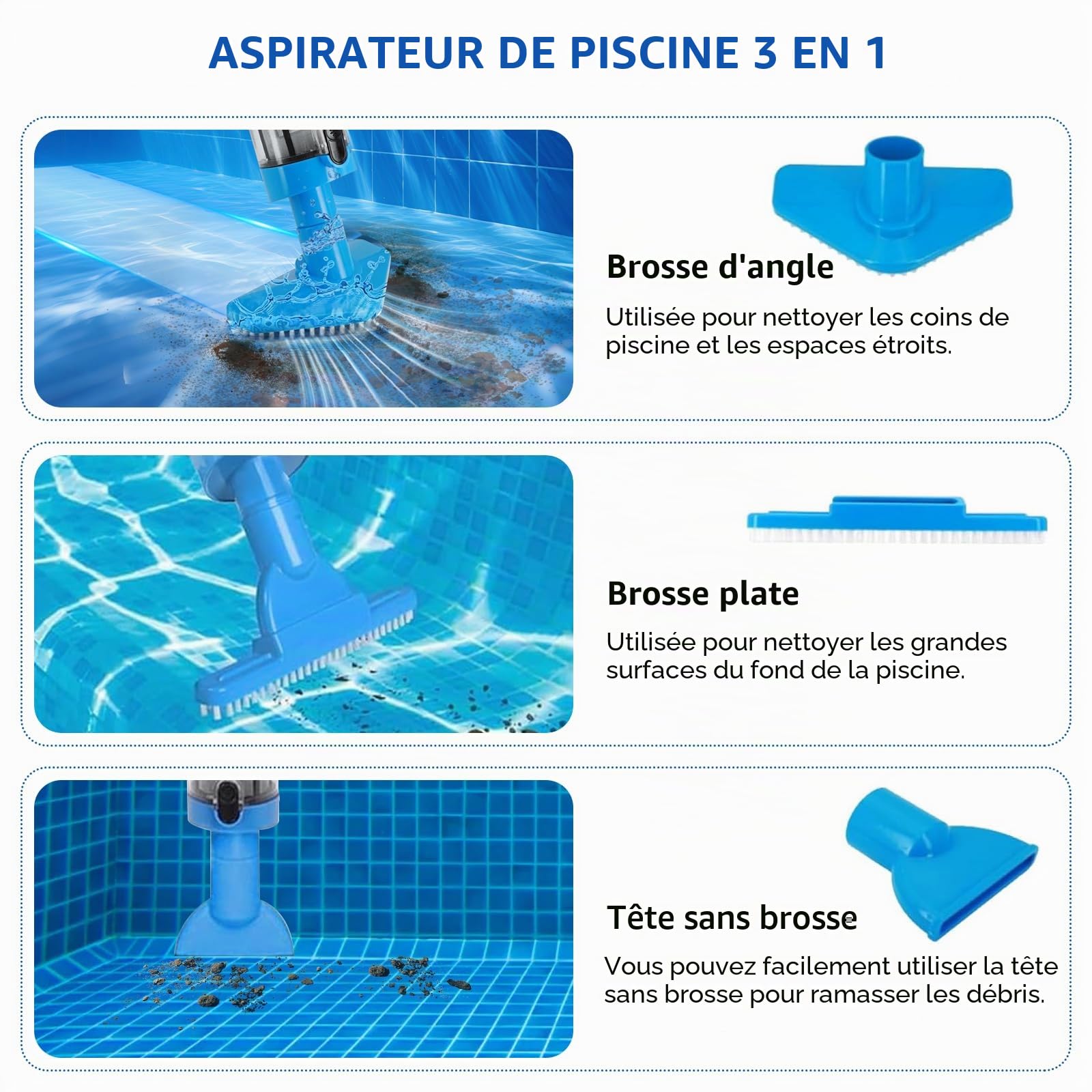 Aspirateur de Piscine sans Fil avec Batterie et Perche télescopique | Aspirateur manuel, Aspirateur de fond, Autonomie jusqu'à 90 min, Avec filtre