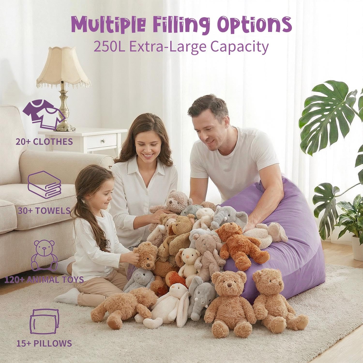 Nobildonna Stuffed Animal Storage Bean Bag Chair Cover for Kids (No Filler), 250L Extra Large Premium Velvet Lazy Sofa Cover, Washable Ultra Soft Triangular Bean Bag Chair Cover(Purple)
