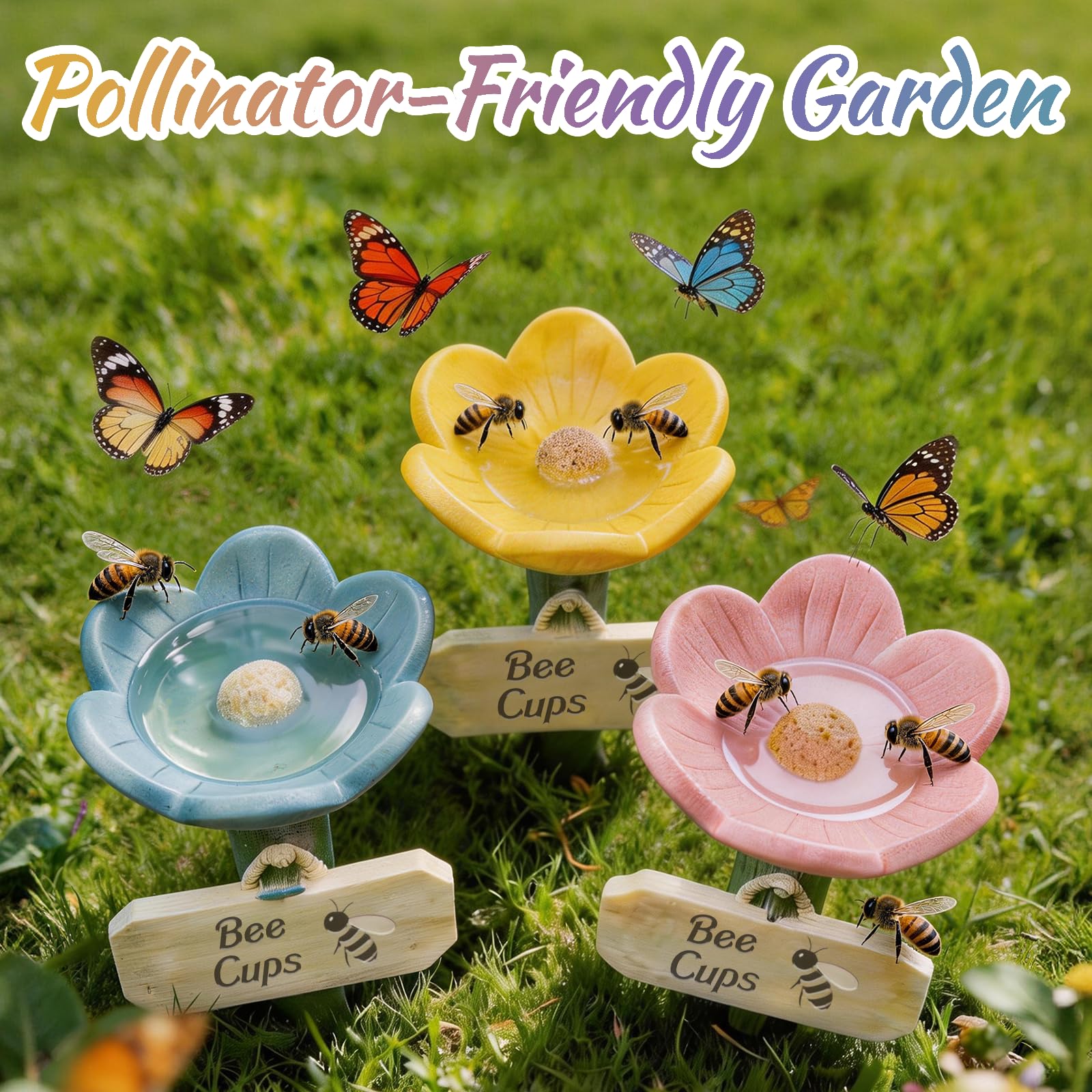 3Pcs Cups for Bees, 2026 New Flower Shaped Bee Watering Station for Thirsty Pollinator Garden, Outdoor Butterfly Drinking Feeder, Eco-Friendly Water Bowl for Yard, Lawn, Patio Decor (3Pcs(Mix Color)) — view 3