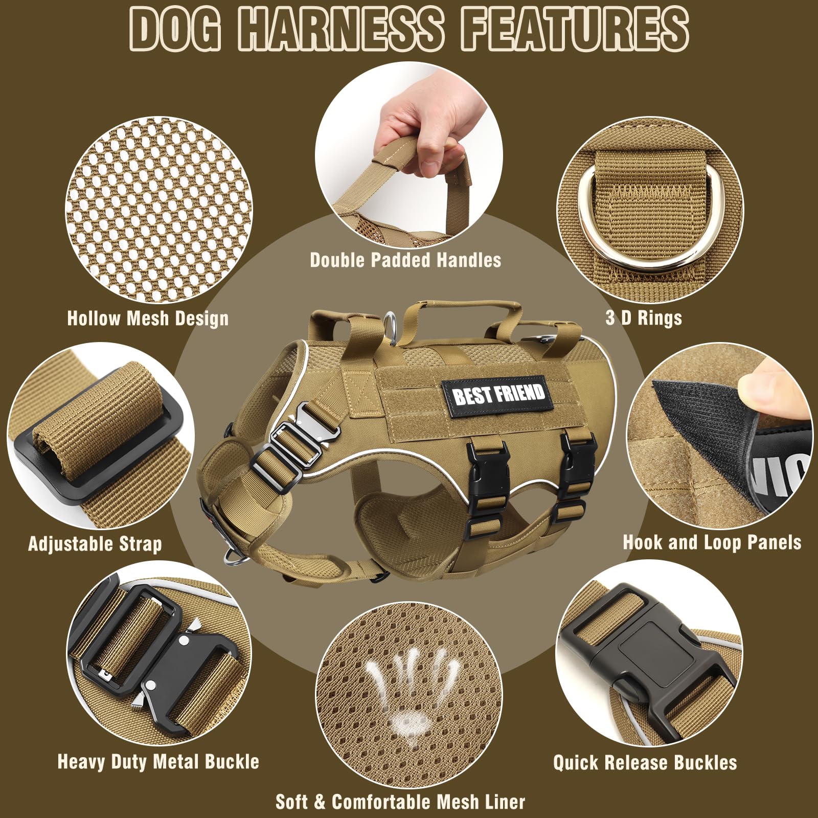 Arnés táctico para perro de tamaño mediano con hebillas de metal, chaleco de malla de aire transpirable, arnés militar Molle con 3 asas duraderas para entrenamiento, senderismo, caza, trabajo