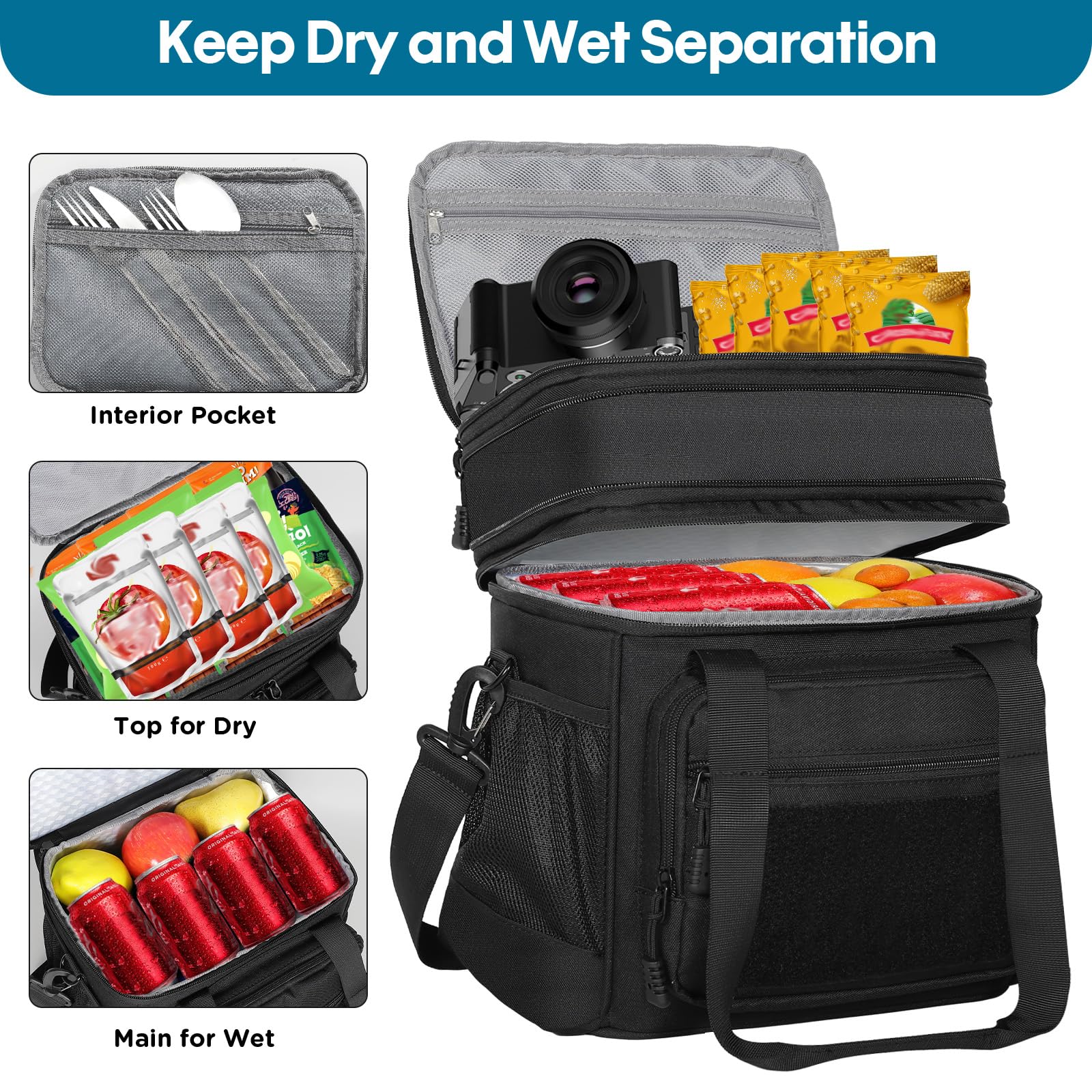 Lonchera aislada de doble cubierta, bolsa de almuerzo grande expandible a prueba de fugas, bolsa de almuerzo para hombres, mujeres y adultos, turnos de trabajo, viajes, viaje de día, color negro 2
