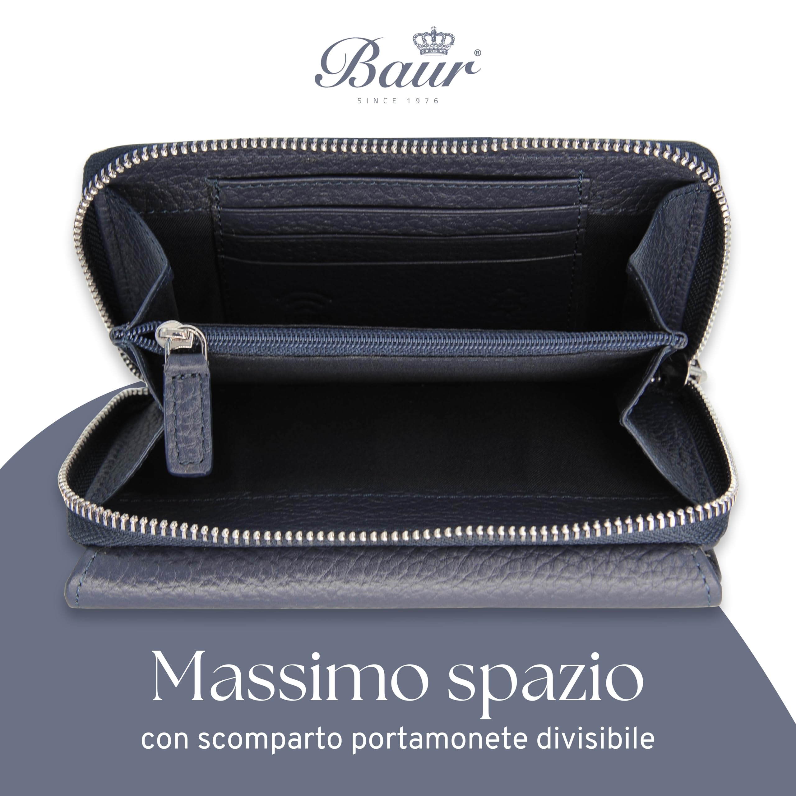Baur portafoglio da donna – vera pelle con protezione RFID – portafoglio grande con 14 scomparti per carte – chiusura a bottone a pressione & tasca portamonete con cerniera (Blu scuro)