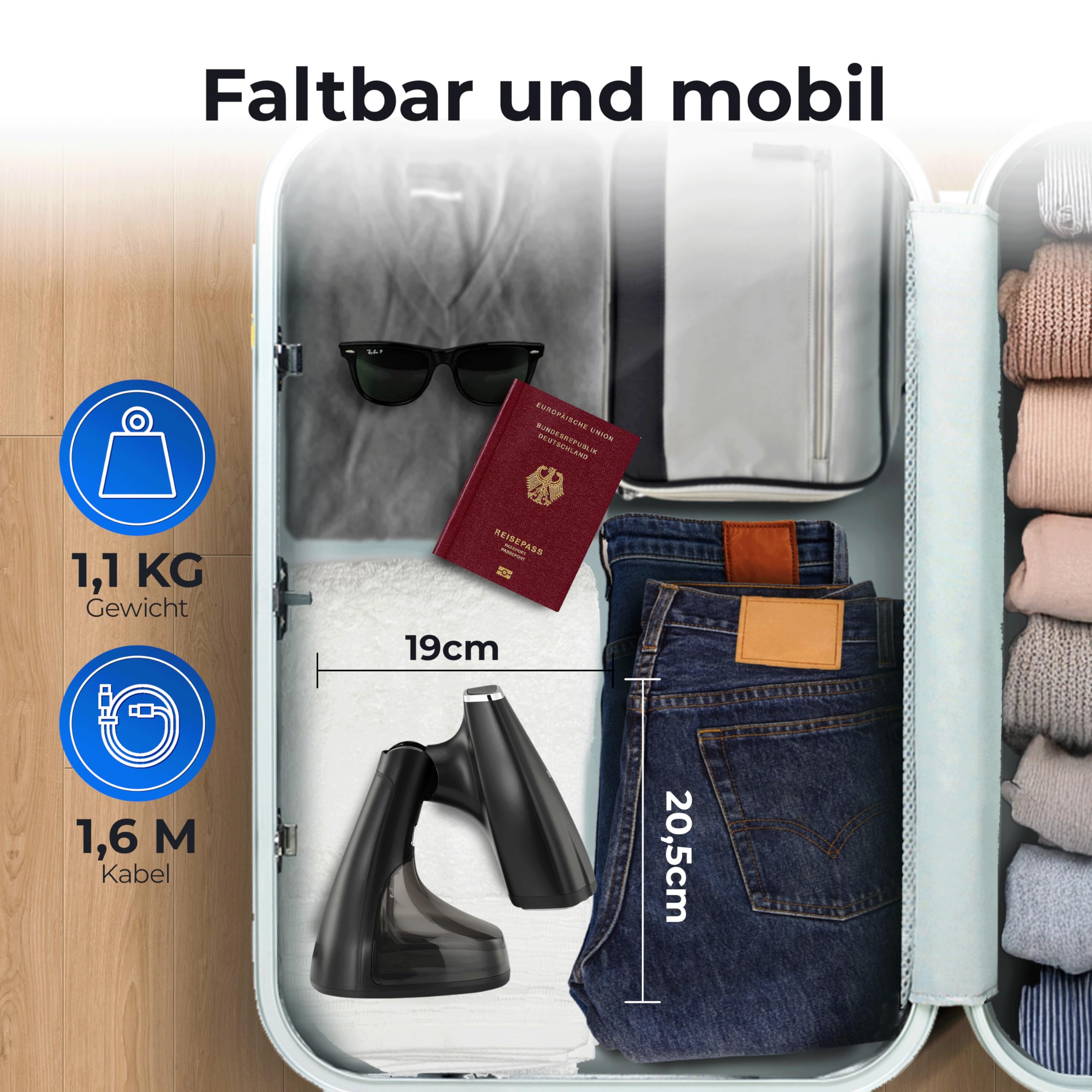 KLAMER Dampfglätter, 280 ml Wassertank, Dampfleistung 25g/min, 1800W, 2 Aufsätze geeignet für alle Stoffe von Seide bis Baumwolle, klappbar für Zuhause, Reisen und Büro