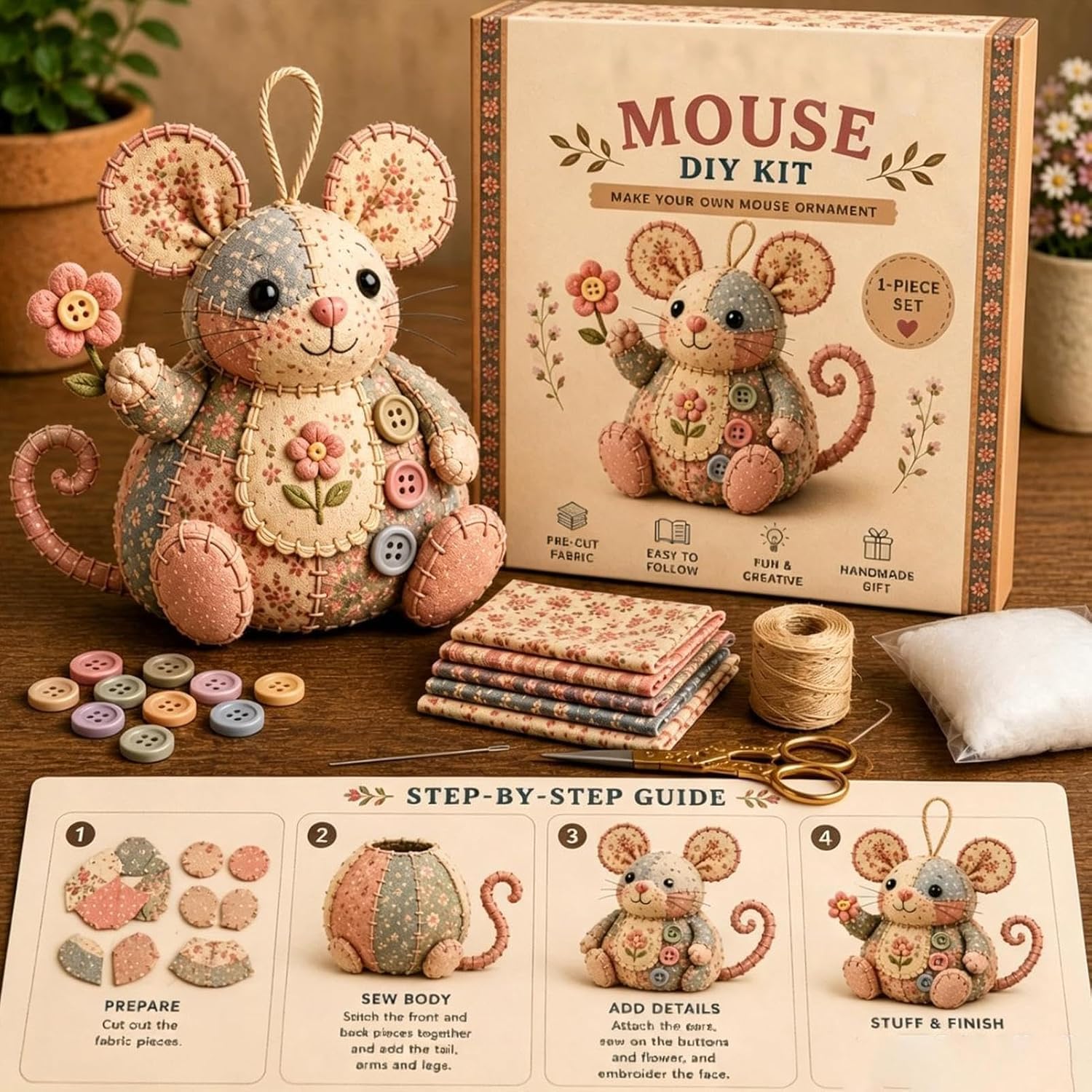 Creative Patchwork Mouse DIY Kit – Complete Animal Sewing Craft Set with Illustrated Instructions, Easy Handmade Gift for Beginners, Cute Stuffed Mouse Ornament (Colorful-A)