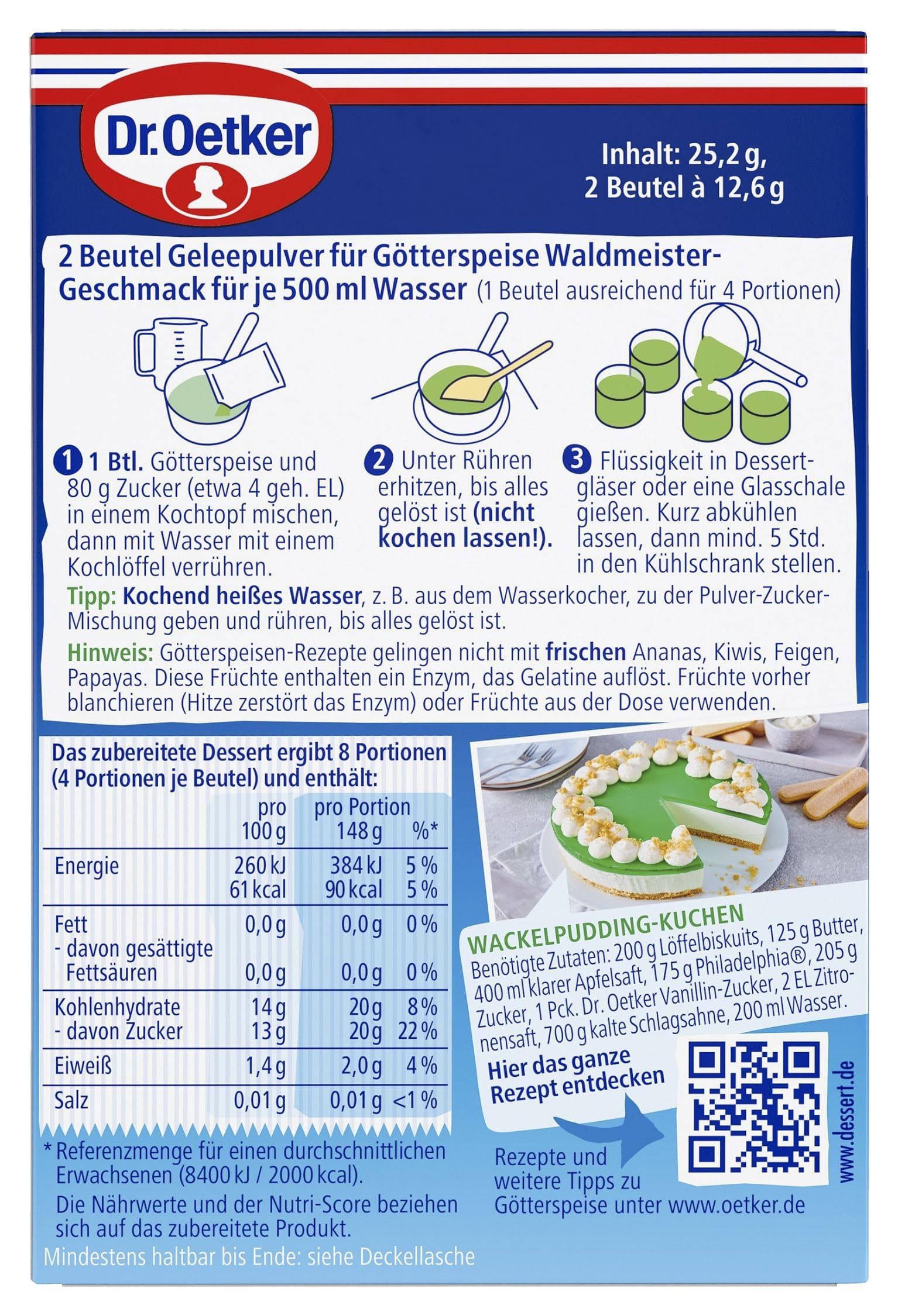 Dr. Oetker Götterspeise zum Kochen Waldmeister-Geschmack, 16er Pack Dessertpulver für grünen Wackelpudding mit Waldmeistergeschmack, 16 x 25,2 g