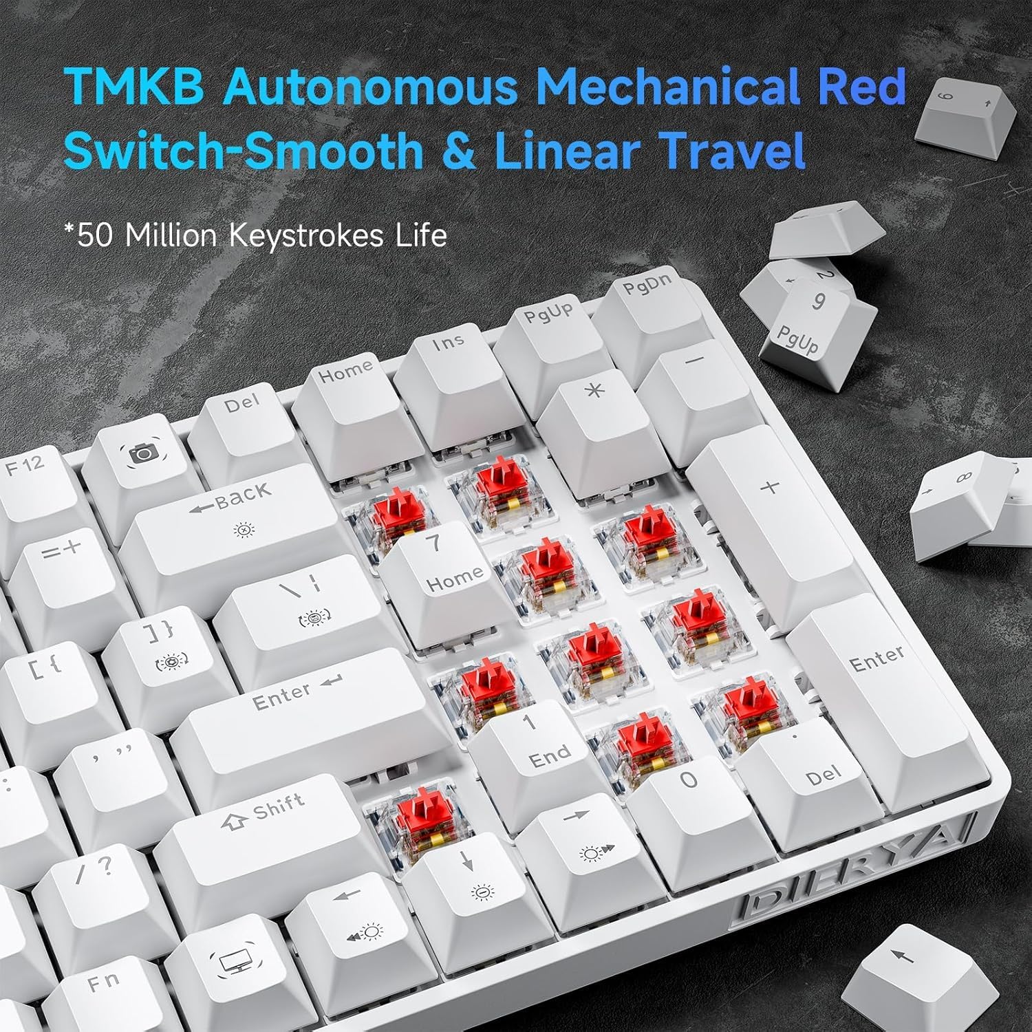 Close-up of TMBK Autonomous Mechanical Red Switches on the keyboard