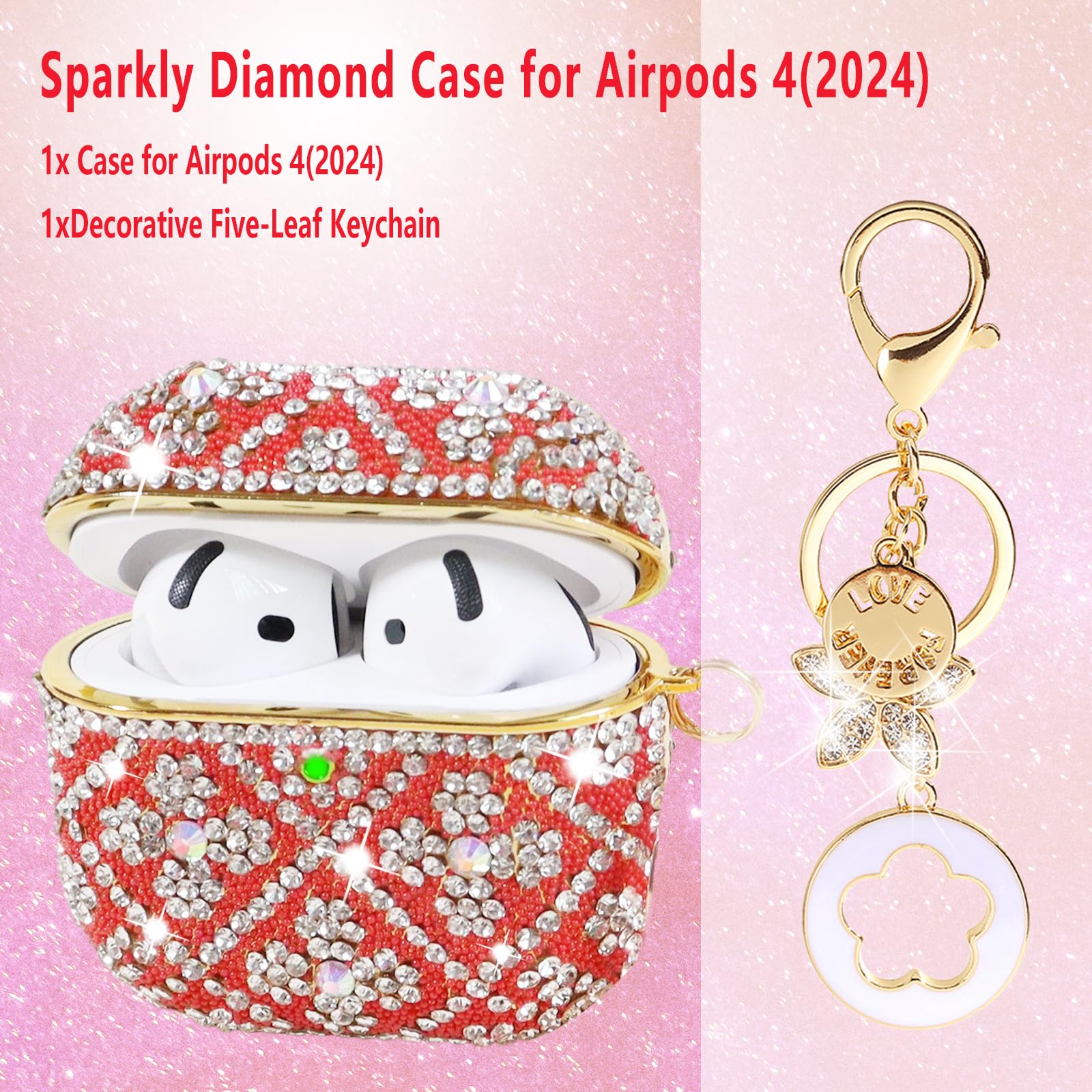 Funda compatible con AirPods 4 (2024), funda protectora con diamantes de imitación para AirPods de 4ª generación con bonito llavero brillante para mujeres y niñas (rojo)