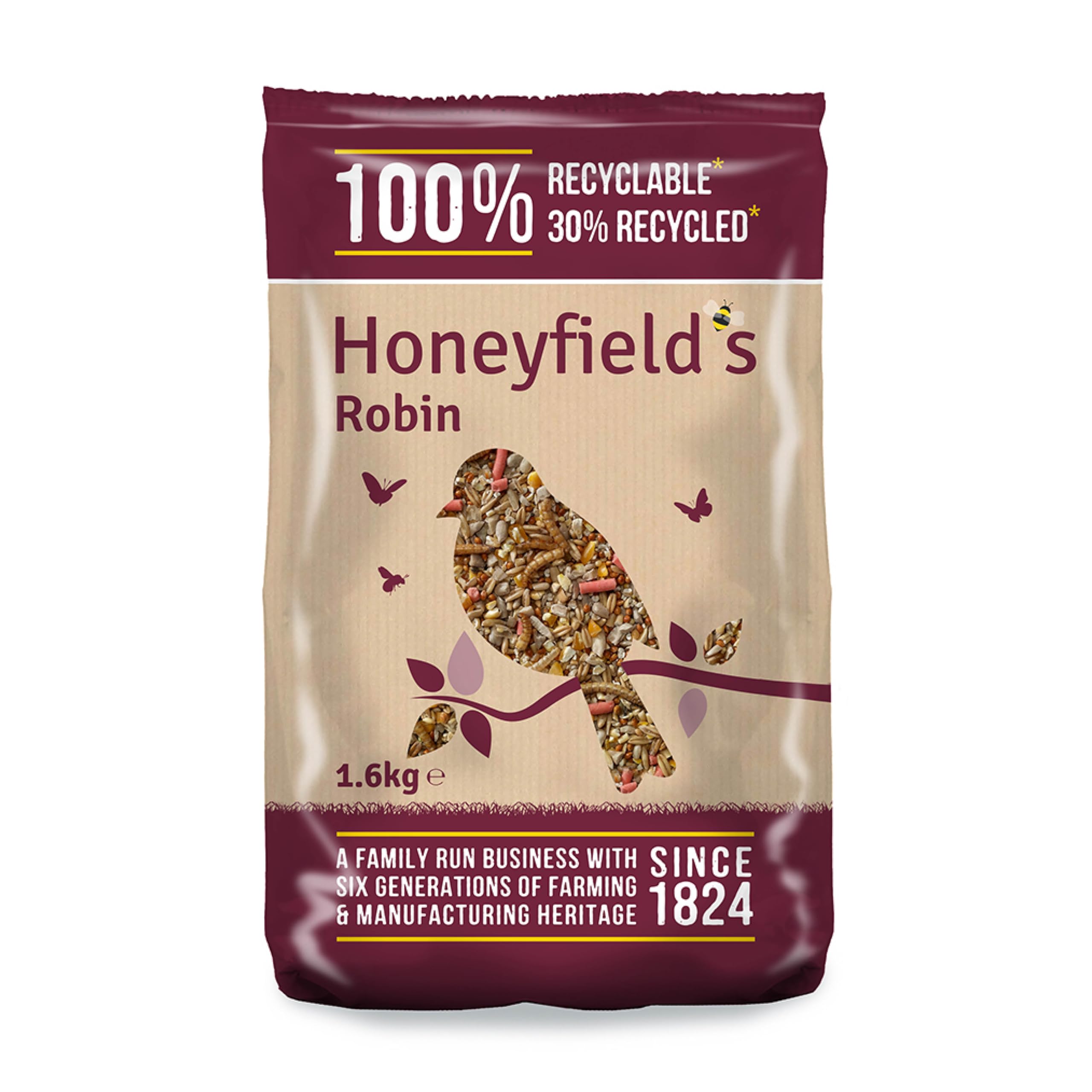 1.6KG HONEYFIELDS ROBIN : Wild Bird Seed Mix Sunflower Suet Pellet Mealworm Feed