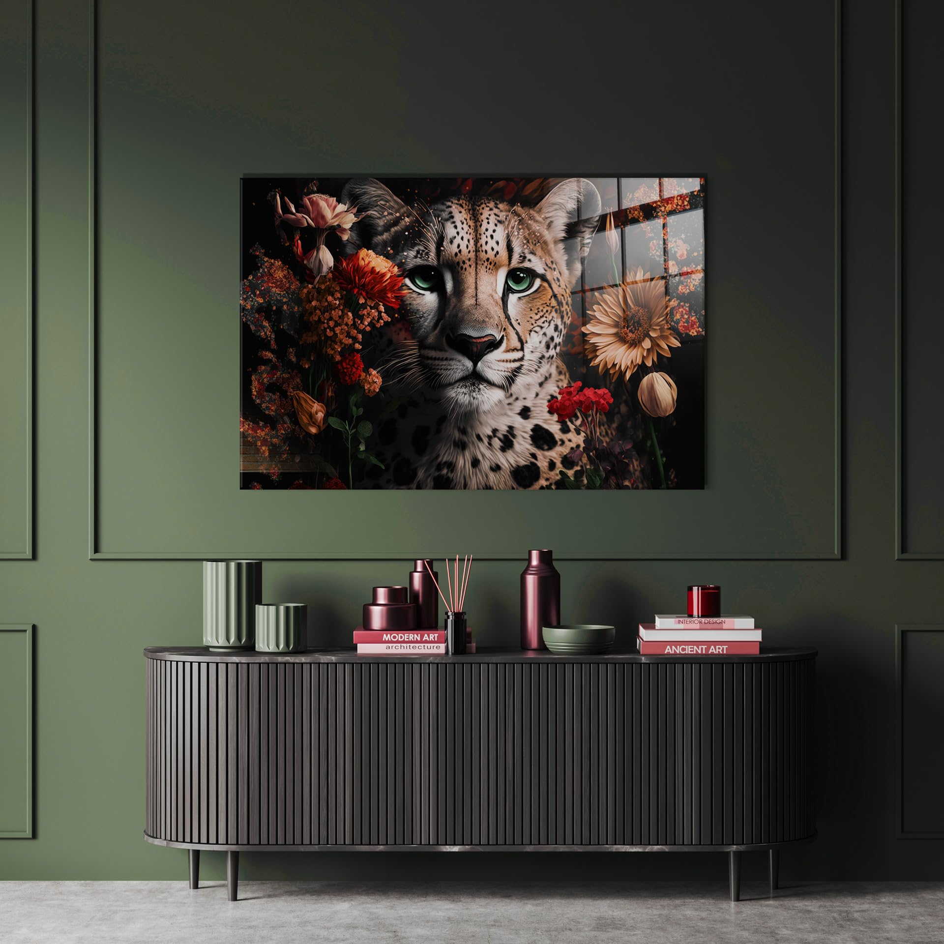 STYLER Glasfoto Leo & Flowers 80 x 120 cm I wandafbeelding van glas modern voor woonkamer slaapkamer kantoor hal I groot XXL opvallende luipaard bloemen rood : STYLER