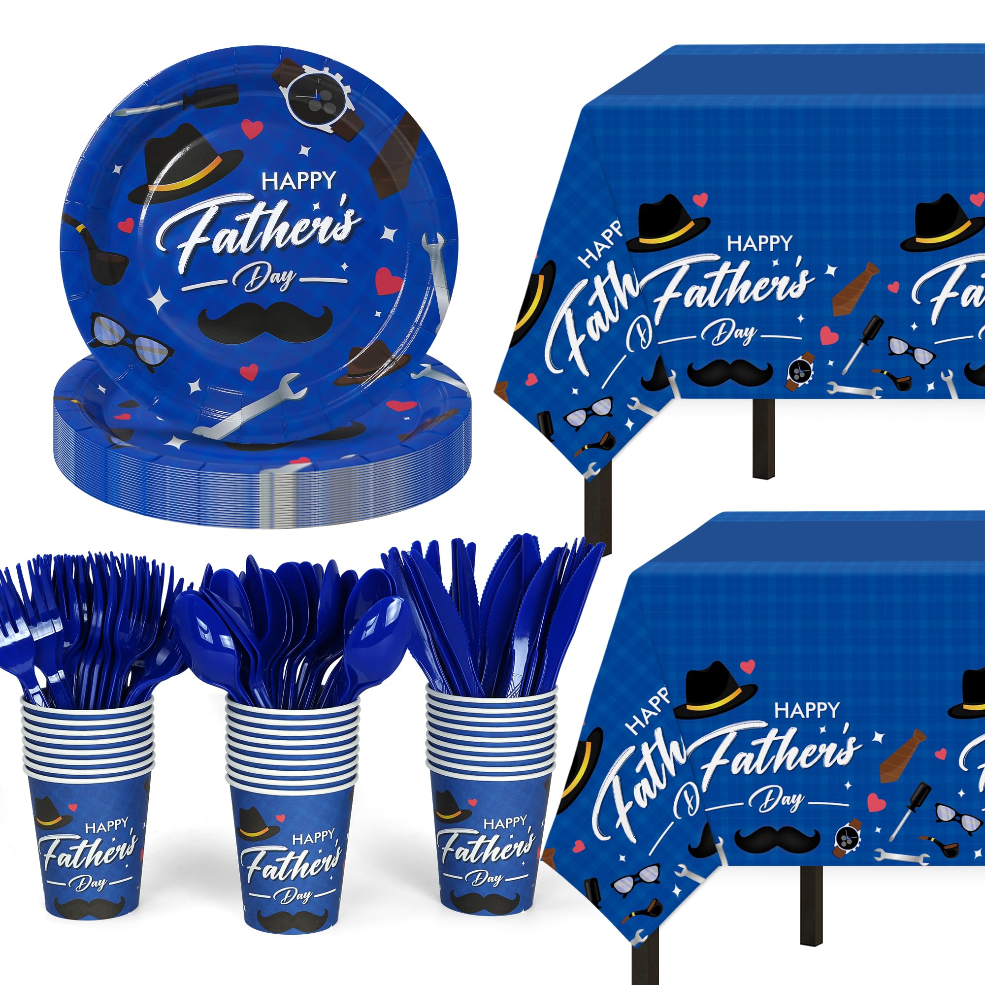 Childom Fathers Day Decorations for Party,132 Pcs Disposable Fathers Day Plates Tablecloth Cups Knives Spoons Forks for Party Supplies,Plates Tableware for Dads Birthday,Home,Brunch,Dinner,Serves 26