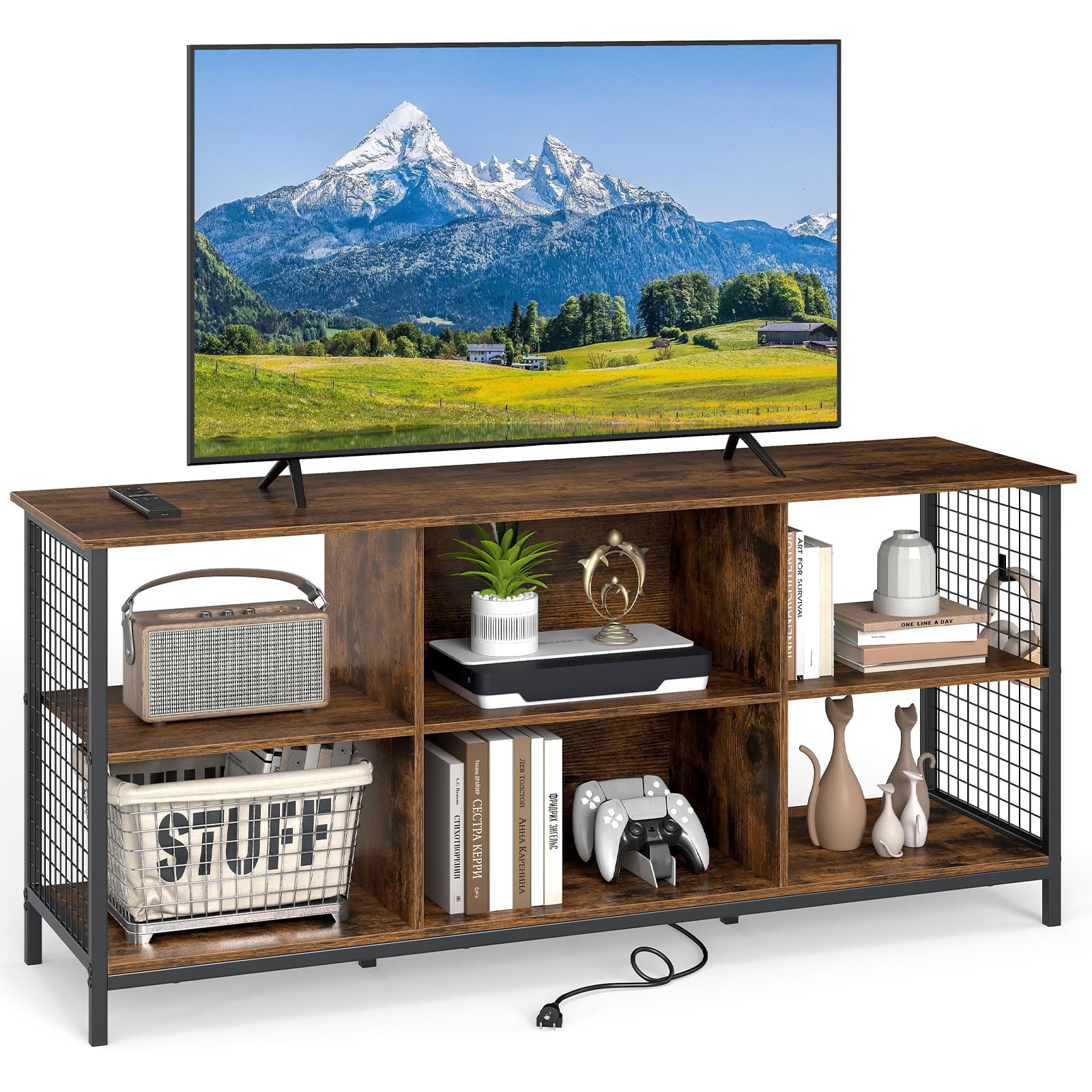Giantex Industrial TV Stand for TVs up to 65 Inch, 3-Tier Entertainment Center with Power Outlets, Metal Mesh Sides & 2 Cable Holes, 6-Cube TV Console